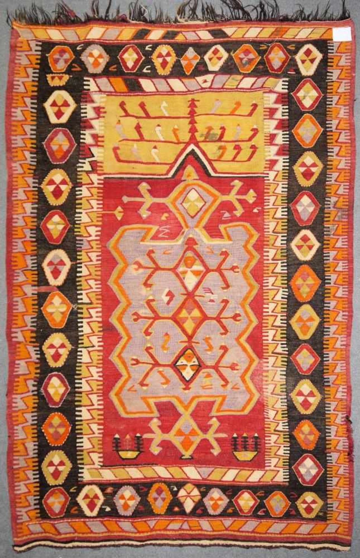 Alter Gebets-Kelim, Konya, Türkei, ca. 50-60 Jahre alt Wolle, Dunkelbraun, Rot, Hellgrün und Orange,
