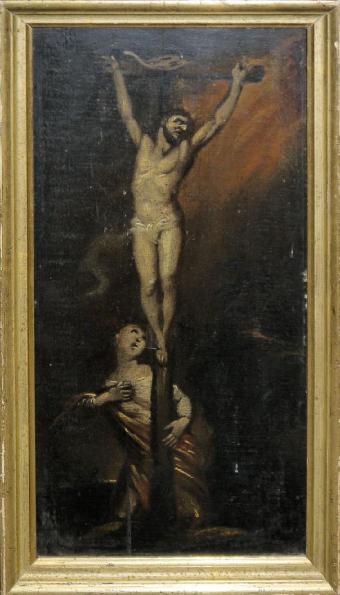 Anonym, um 1700, Christus am Kreuz mit der klagenden Magdalena, Ölgemälde, Goldrahmen Anonym,