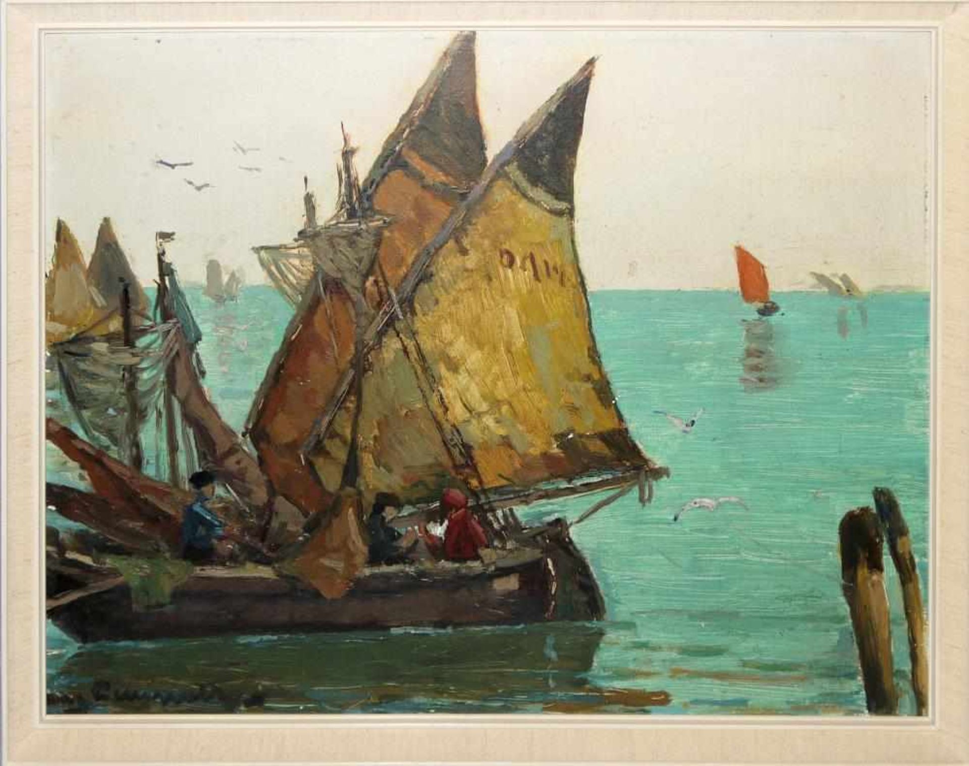 August Lemmer, Fischerboote in der Lagune, Ölgemälde, modern gerahmt August Lemmer, 1862 Deutz –