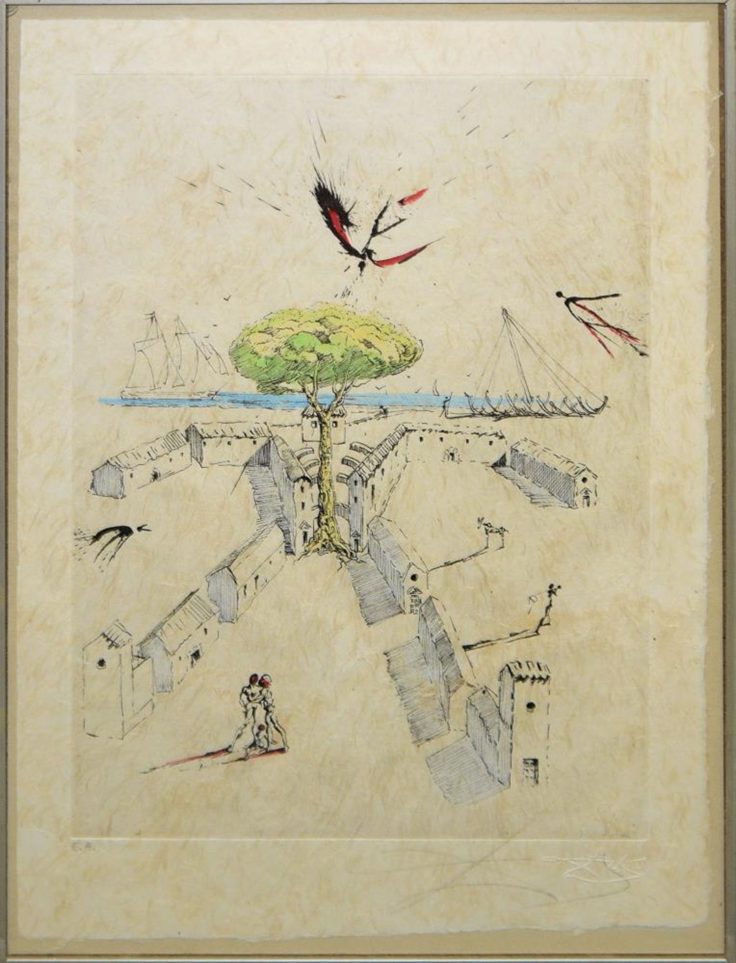 Salvador Dalí, „La plage de Sète”, Kaltnadelradierung mit Aquarell auf Japan, sign., gerahmt