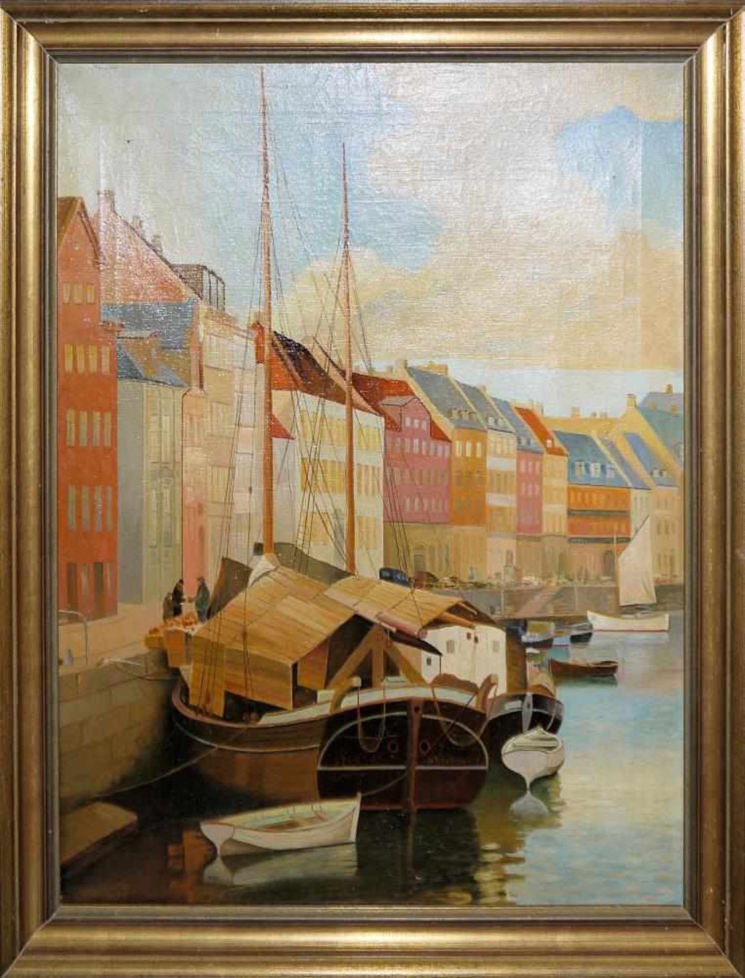 J. Srevns, Hafen in Kopenhagen, neusachliches Ölgemälde von 1937, o. Rahmen J. Srevns, Dänemark XX.,