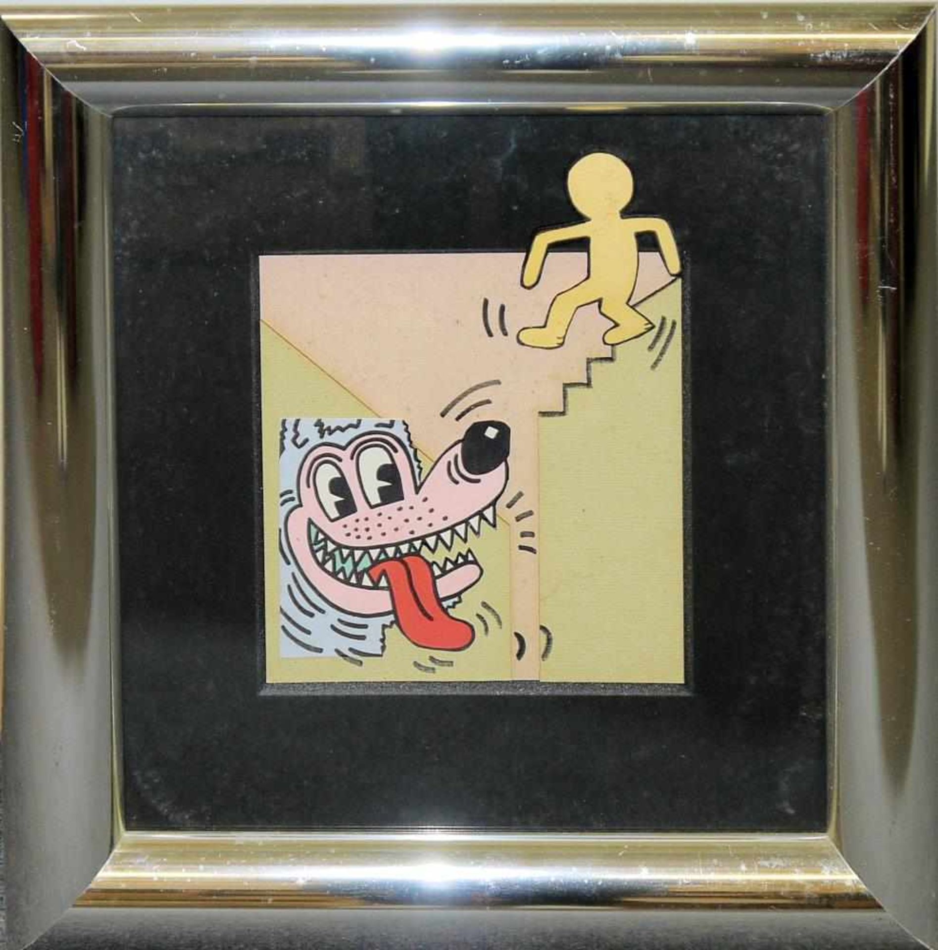 Anonymer Pop Art- Künstler, Hund lauert auf ein Keith Haring- Männchen, Collage, galeriegerahmt