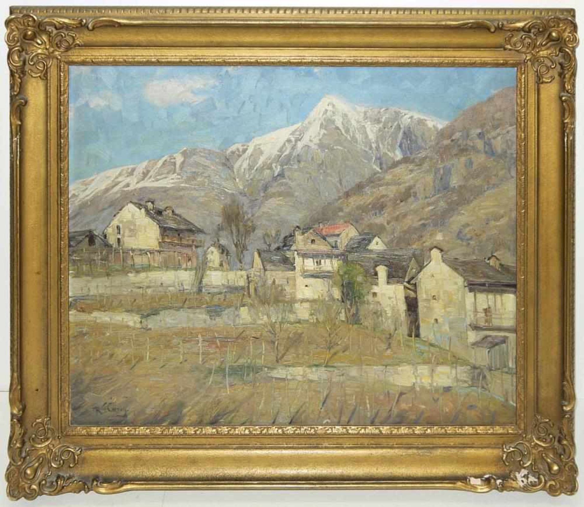 Robert Franz Curry, Vorfrühling in einem Gebirgsdorf bei Locarno, Ölgemälde, Goldstuckrahmen