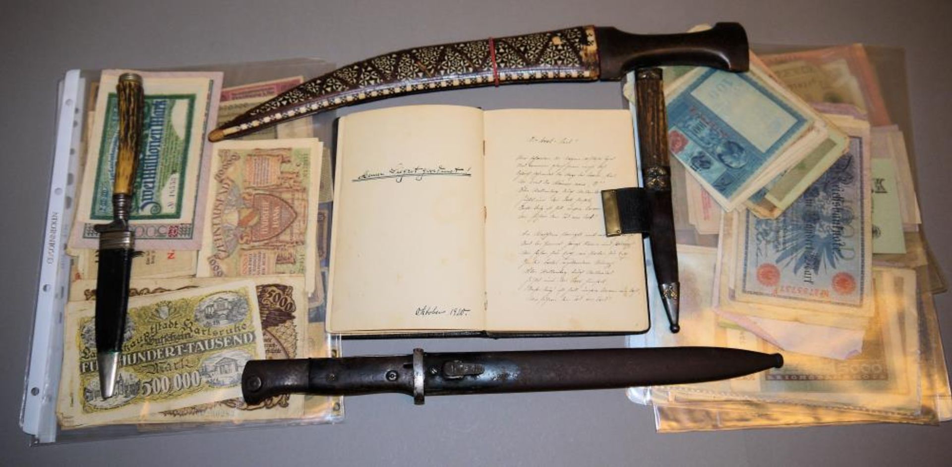 Slg. Stichwaffen 1920/40, Slg. Notgeld und Tagebuch eines Offiziers von 1920 Bajonett 98K, WK I;
