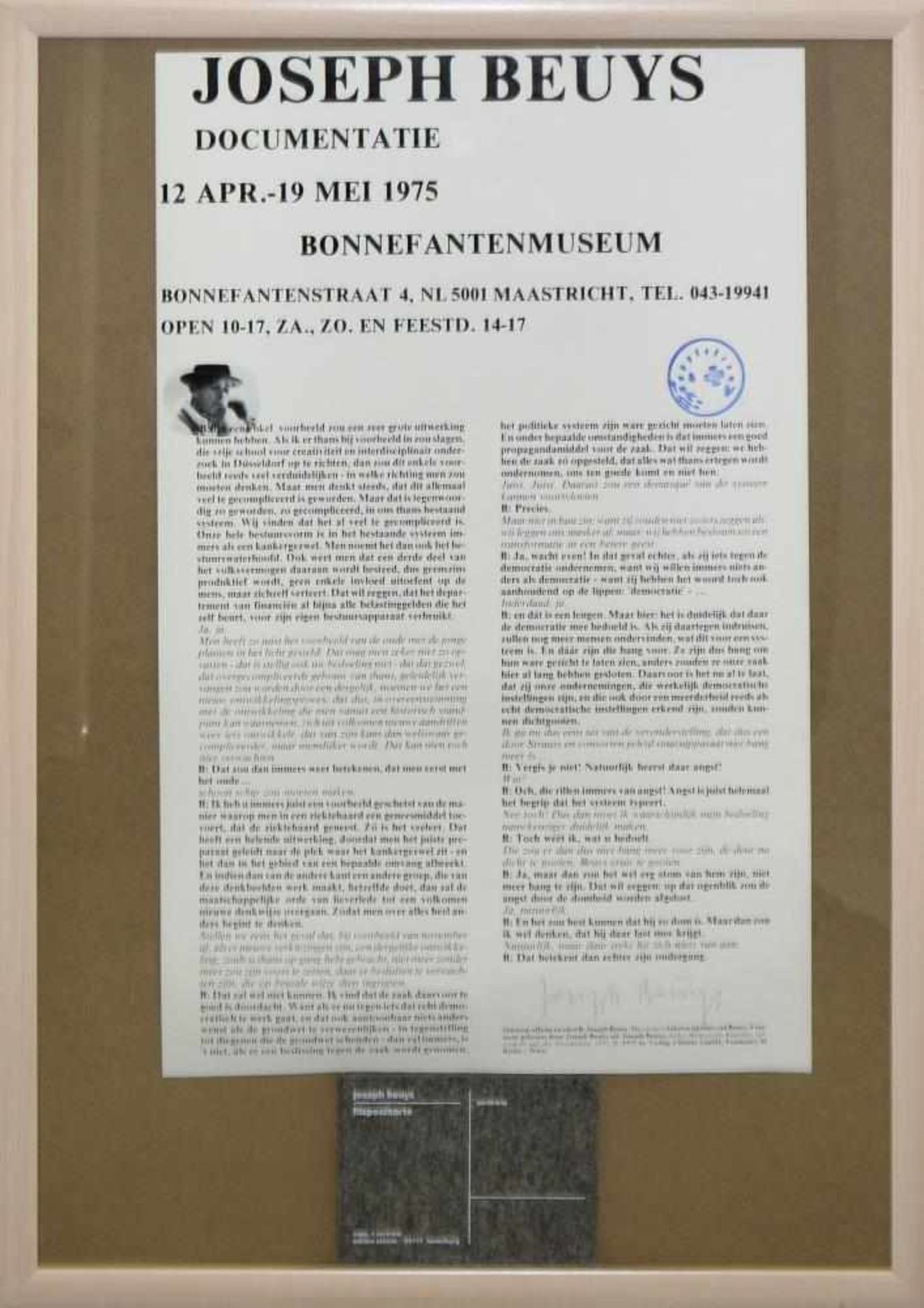 Joseph Beuys, „Documentatie”, signierte Farboffsetlitographie von 1975 & Filzpostkarte o. Rahmen