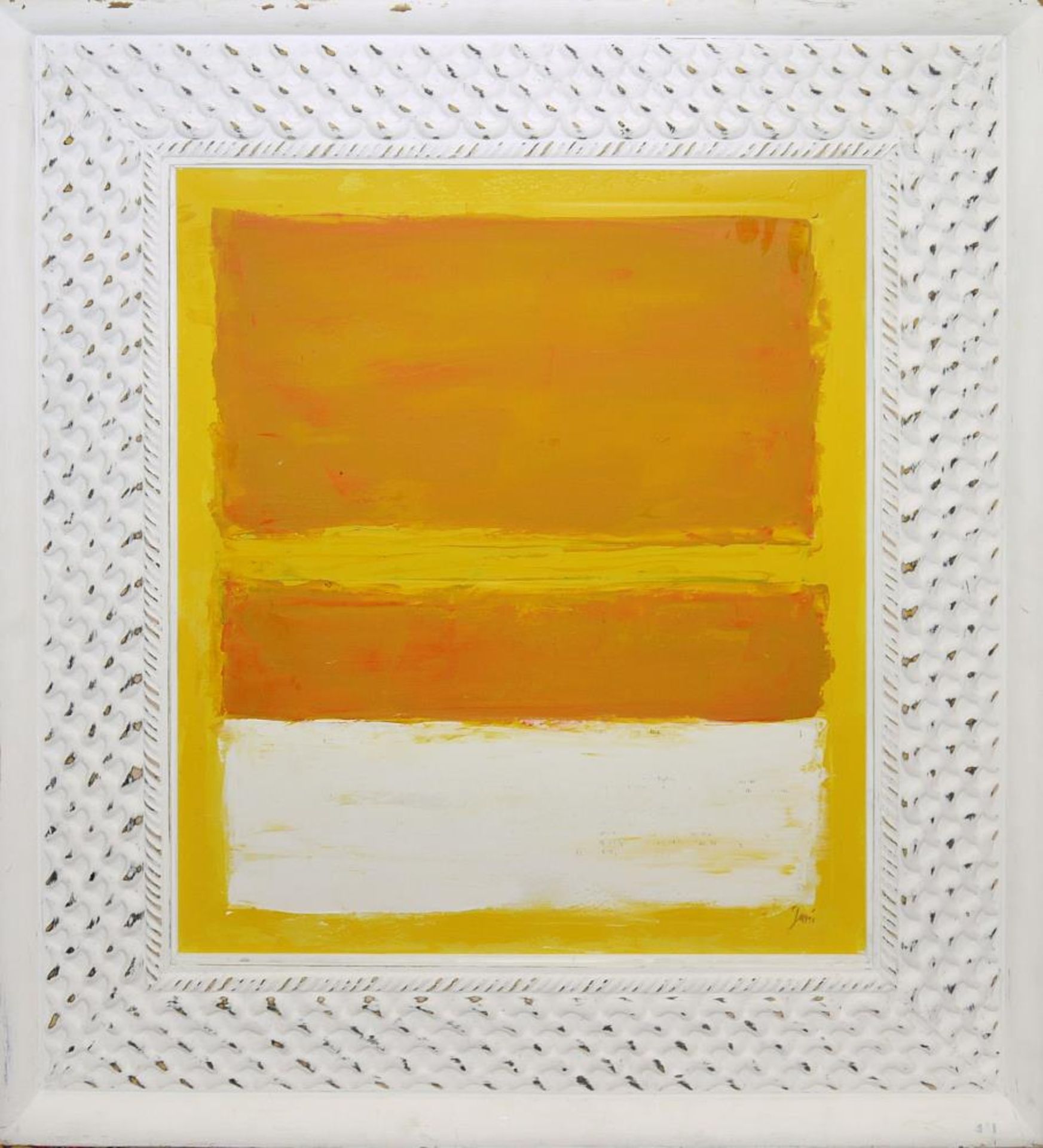 Jani, „Weiß / Orange auf Gelb“, große Mischtechnik à la Mark Rothko, Unikatrahmen Jani (=Inge