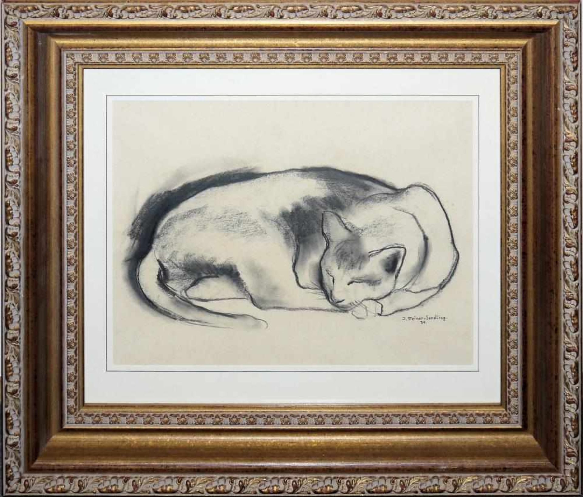 Josef Steiner, Schlafende Katze, Kohlezeichnung von 1934, im Goldstuckrahmen Josef Steiner, 1899 -