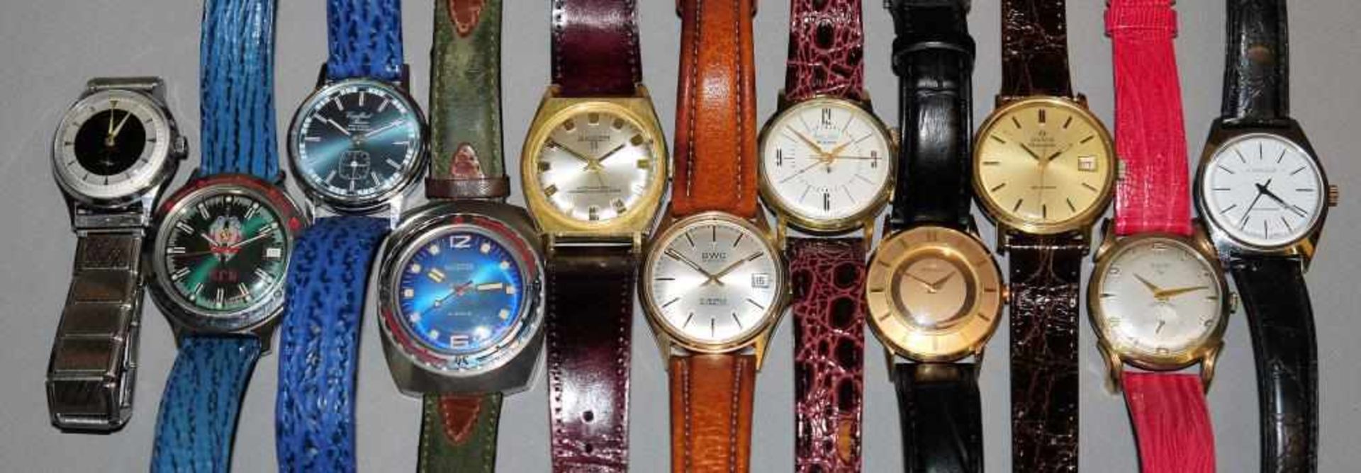 Elf sammelwürdige Armbanduhren mit mechanischen Werken ab 1950er Jahre Olma Automatic; Elgin; Bifora