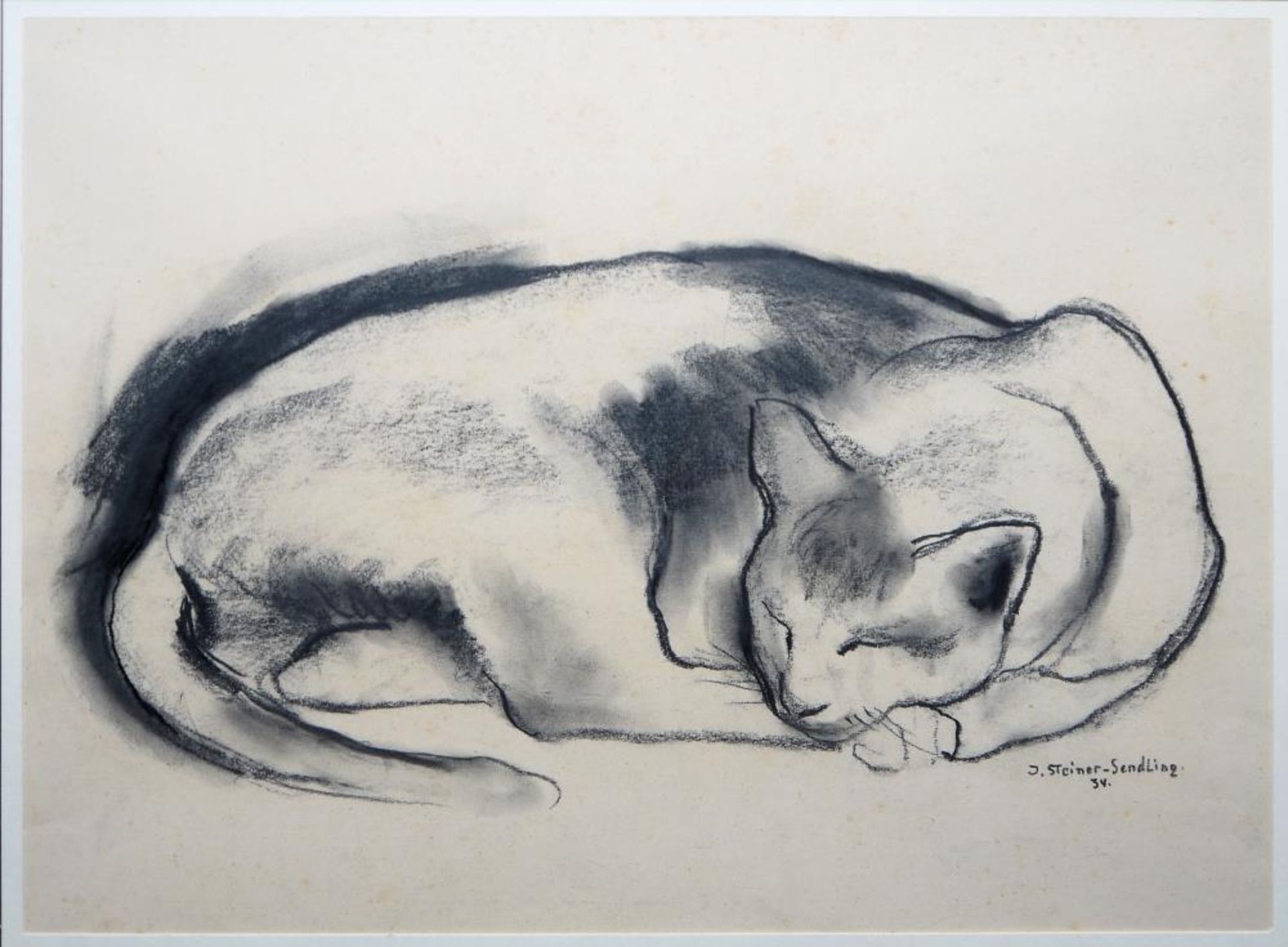 Josef Steiner, Schlafende Katze, Kohlezeichnung von 1934, im Goldstuckrahmen Josef Steiner, 1899 - - Bild 2 aus 3