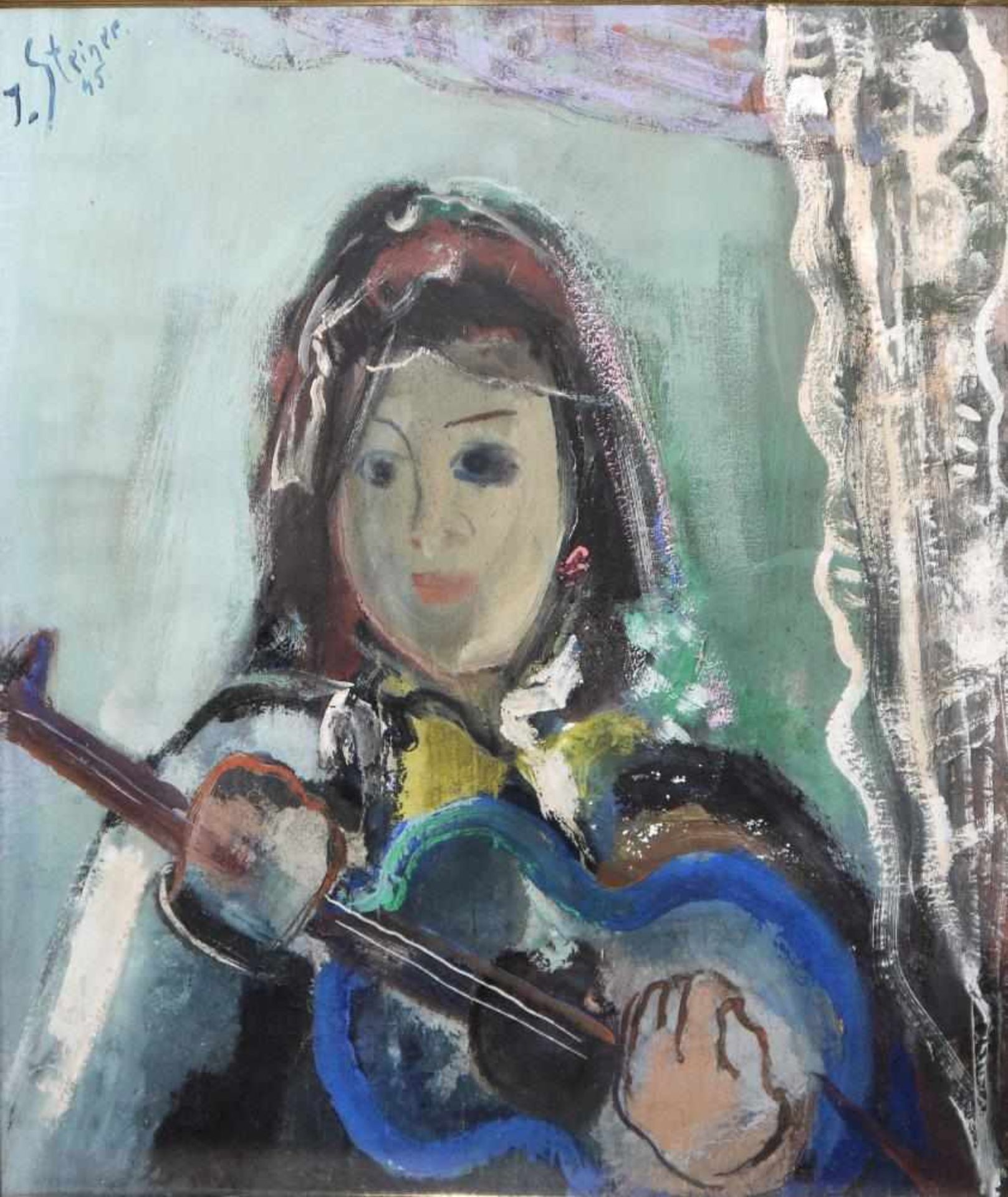 Josef Steiner, „Junge Schöne mit Gitarre“, Ölgemälde, 1945, gerahmt Josef Steiner, 1899 – 1977, - Image 2 of 5