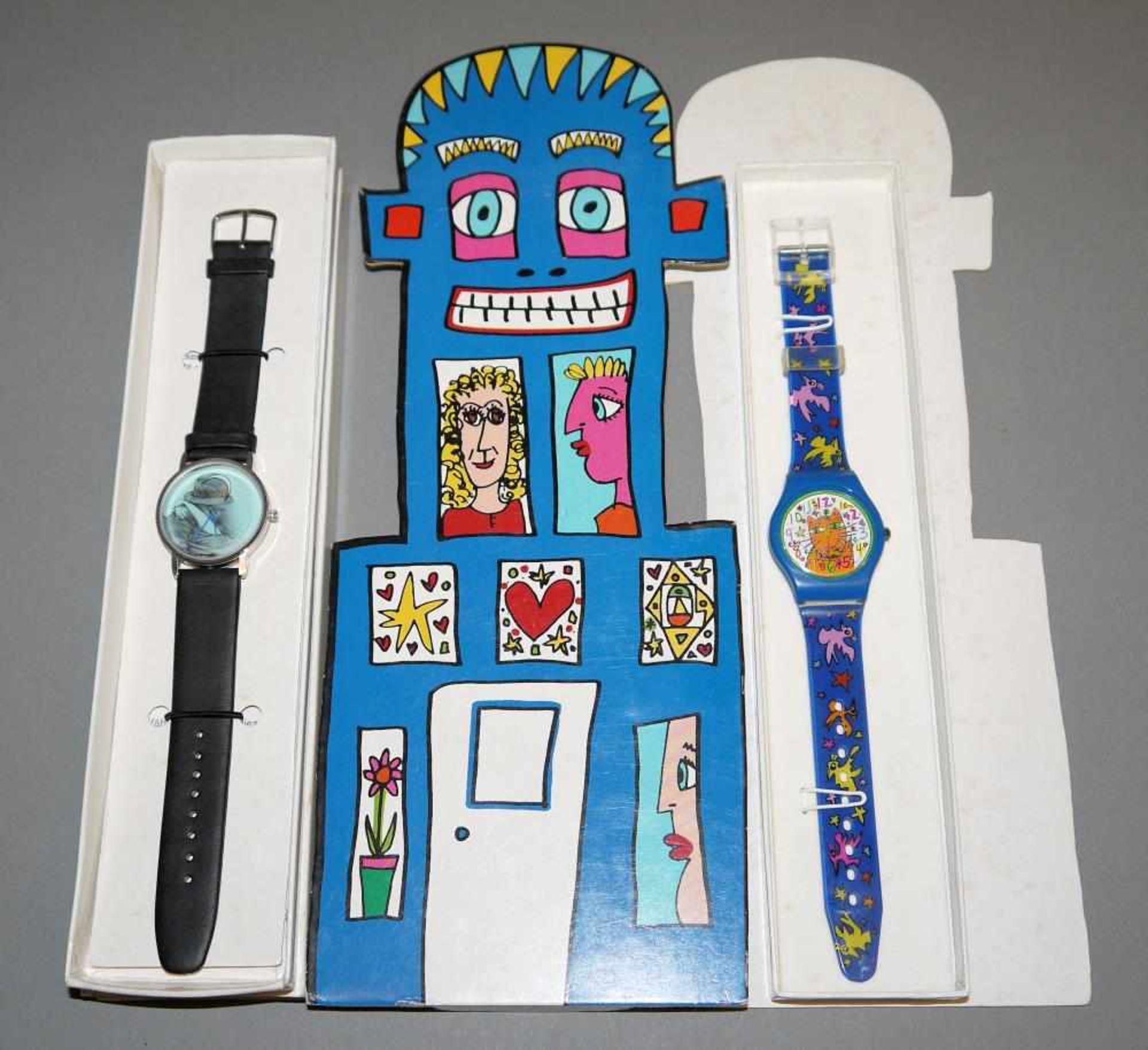 James Rizzi und Bruno Bruni, zwei Künstler-Armbanduhren James Rizzi, Swatch-Uhr „Cats Meow”,