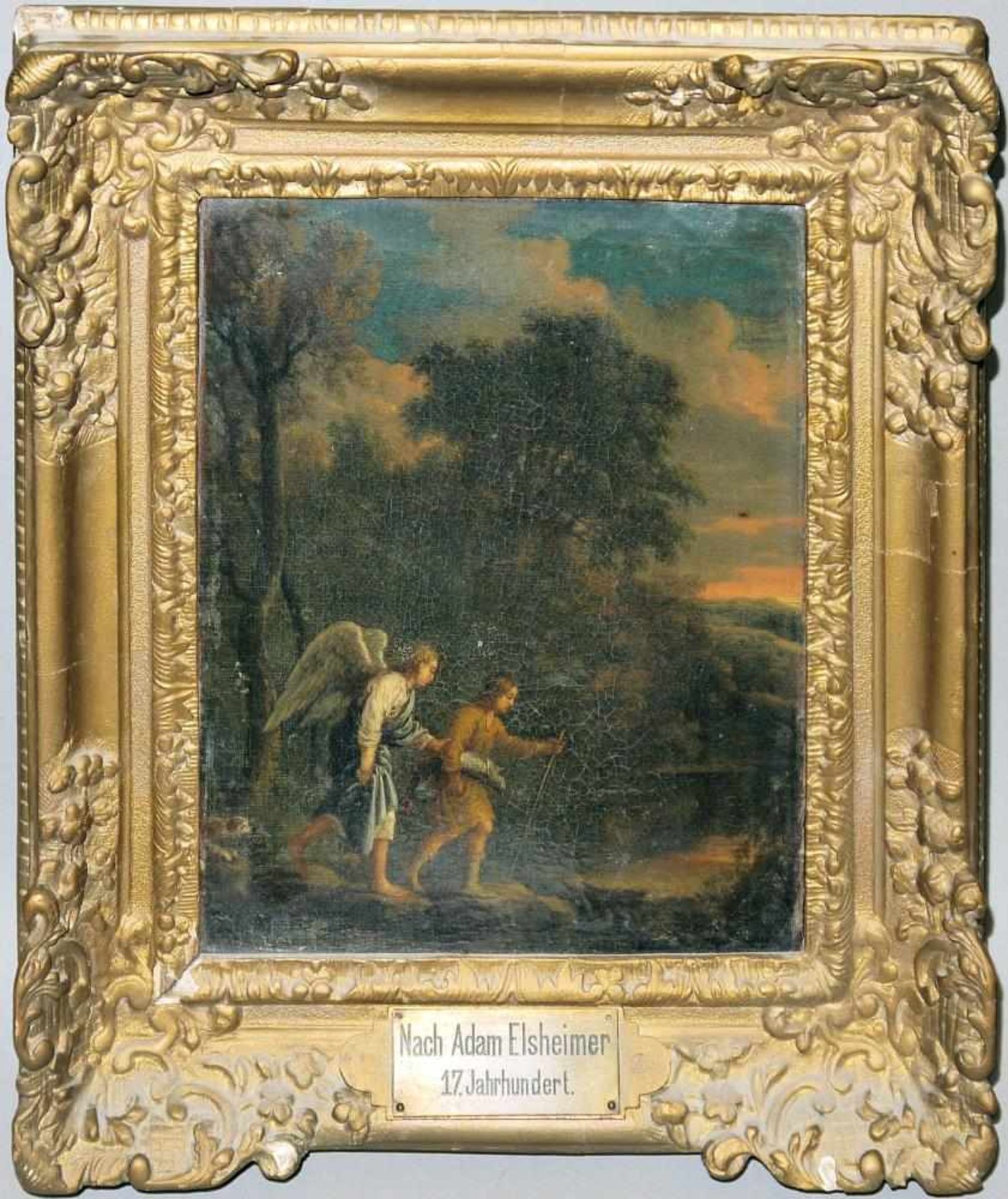 Adam Elsheimer, Variante nach, Tobias mit dem Engel, Ölgemälde um 1700, Goldstuckrahmen d. 19. Jh.