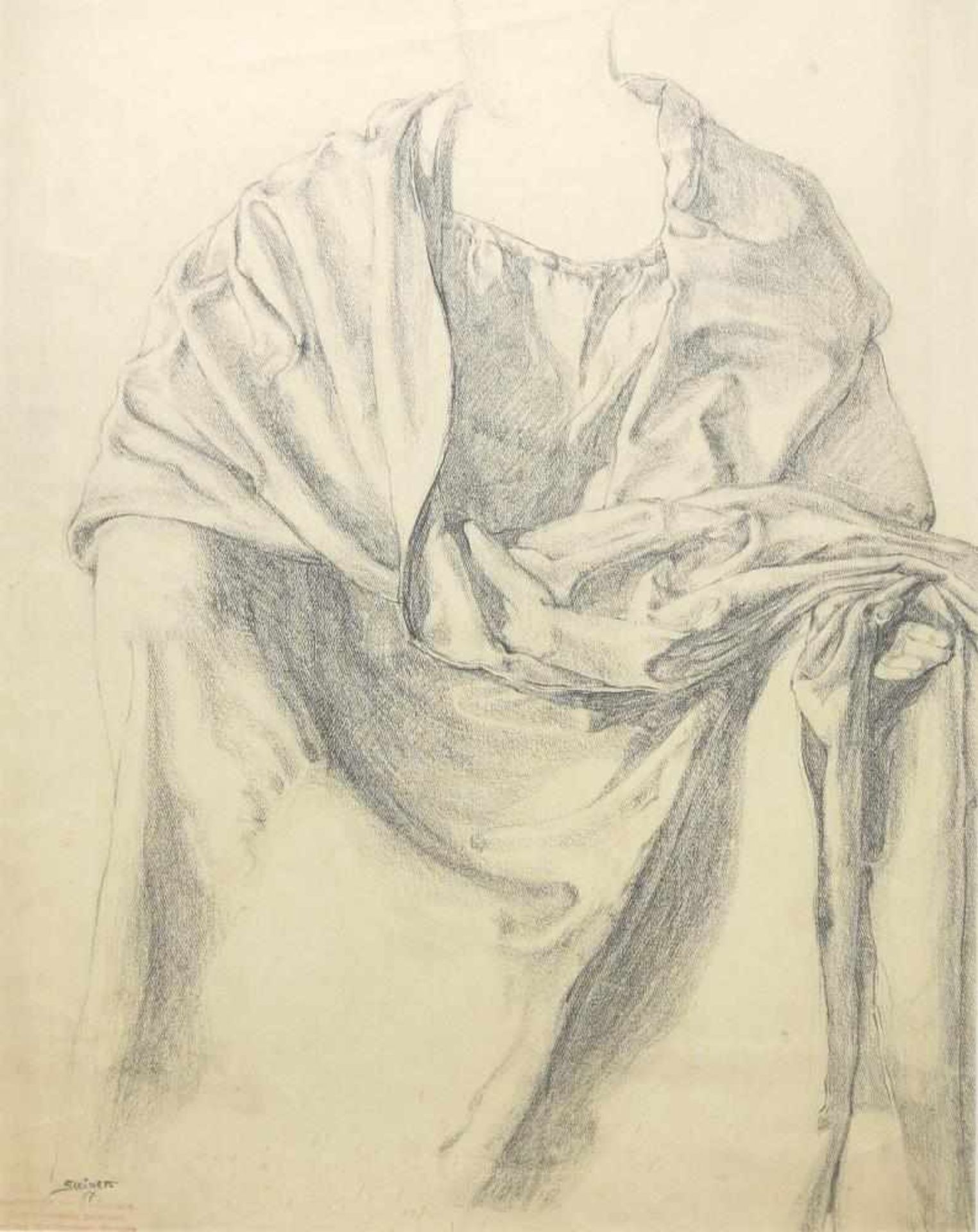 Josef Steiner, Stehende Dame mit wallendem Gewand u. Große Gewandstudie, 2 Kohlezeichnungen, 1917, 1 - Bild 2 aus 4