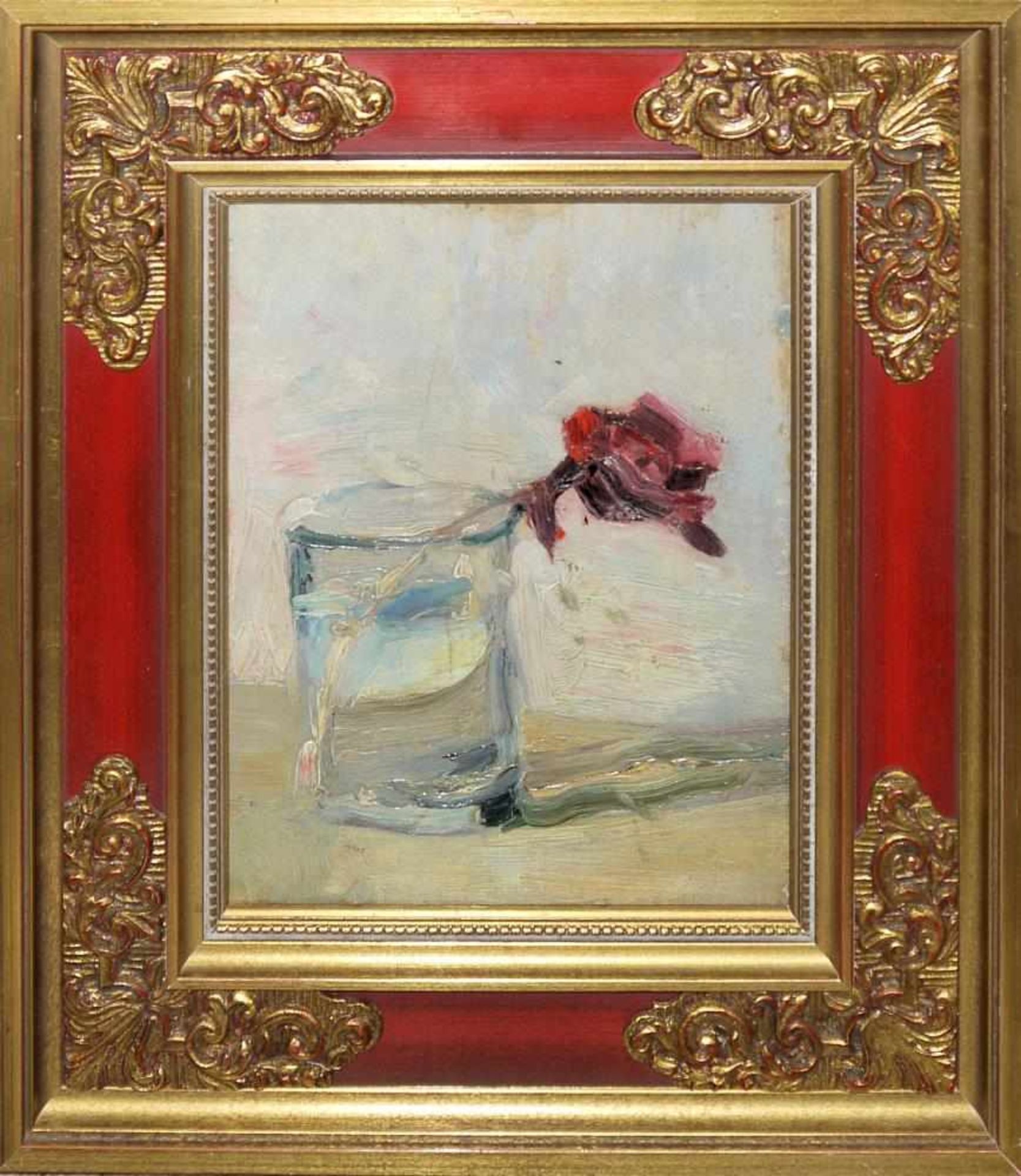 Josef Steiner, Stillleben mit roter Rose in Glasvase, 2 frühe Ölgemälde (Rückseite) von 1915, im