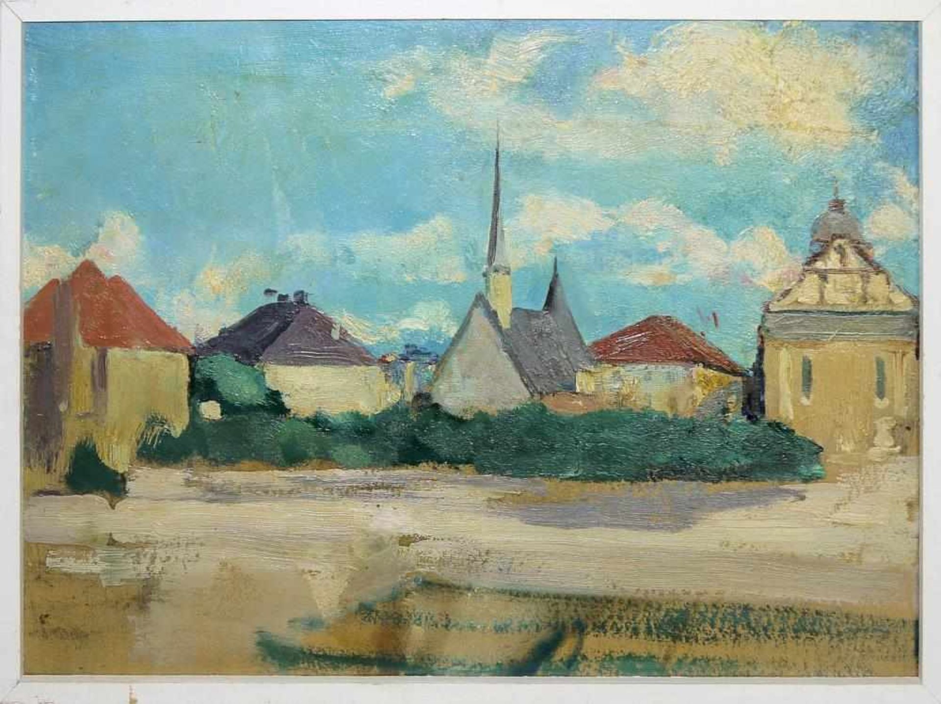 Josef Steiner, Bayrische Dorflandschaft mit Kirche, Ölgemälde um 1940/50, in weißen Holzrahmen Josef