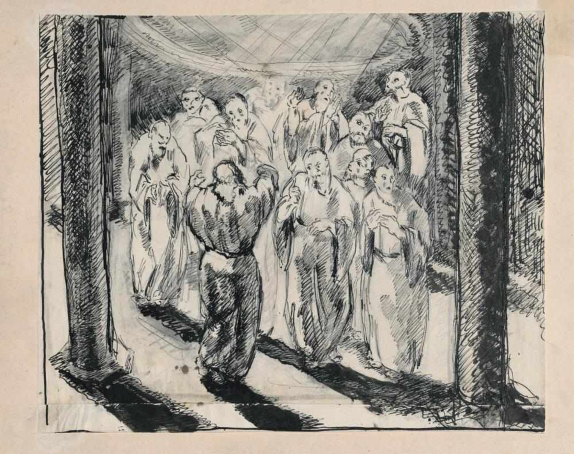 Josef Steiner, Kreuzigung, Unheilvolle Szenerie & Chor in einer Säulenhalle, 1 Tuschezeichnung u. - Bild 4 aus 4
