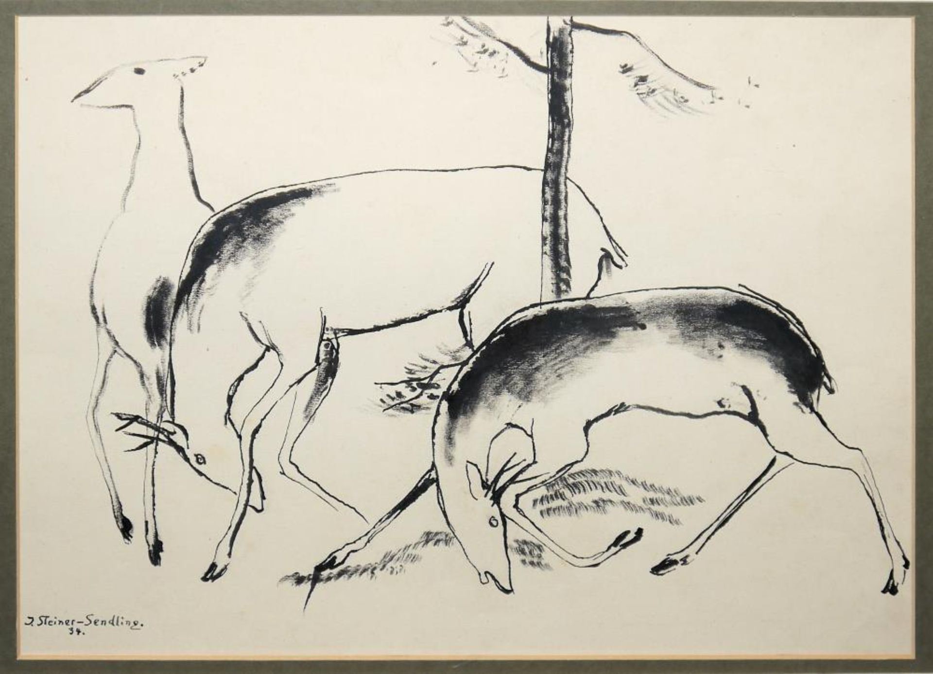 Josef Steiner, Drei Rehe, Tuschezeichnung von 1934, im Goldrahmen Josef Steiner, 1899 - 1977, - Bild 2 aus 3