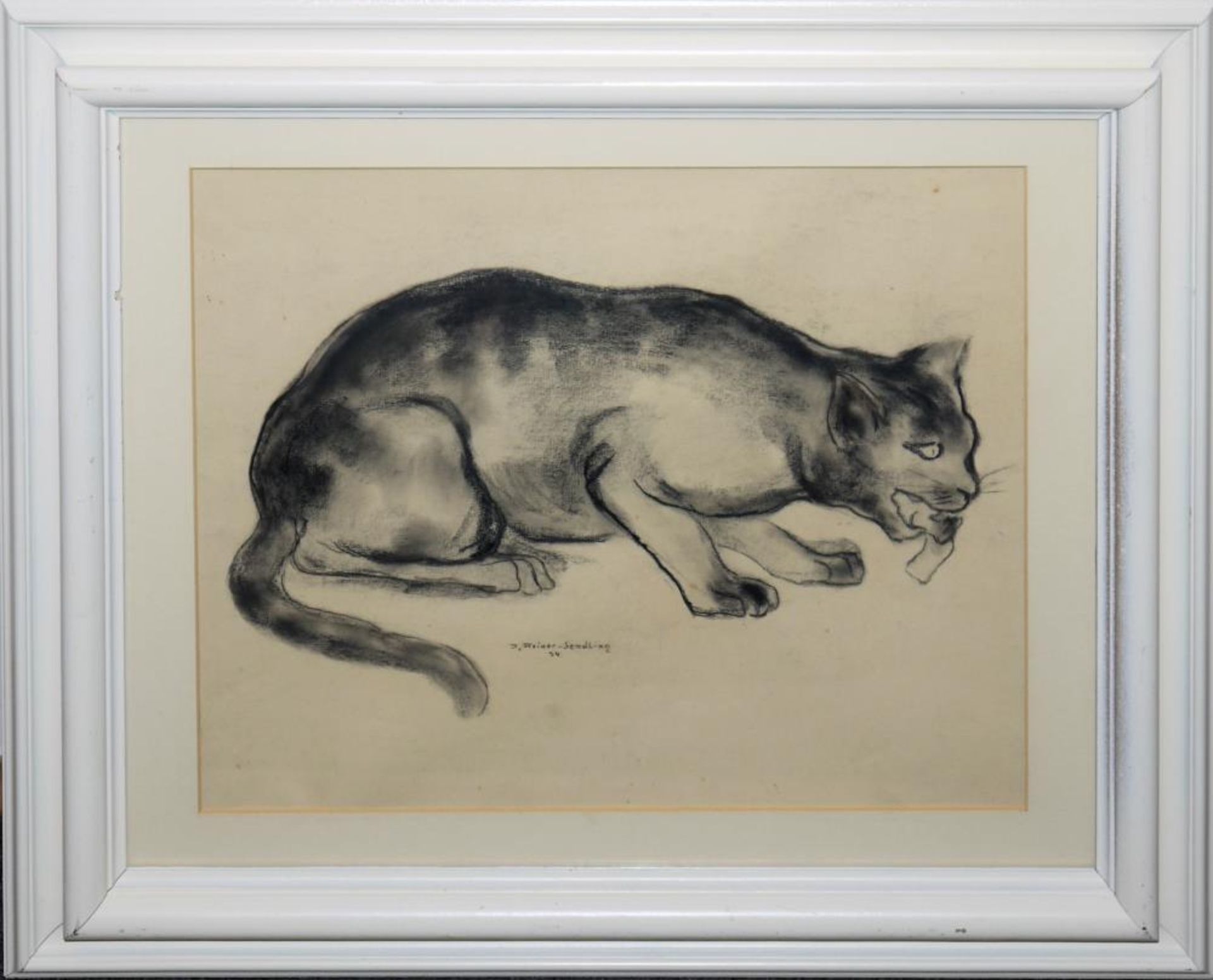 Josef Steiner, Fressende Katze, Kohlezeichnung von 1934, im Atelierrahmen Josef Steiner, 1899 -