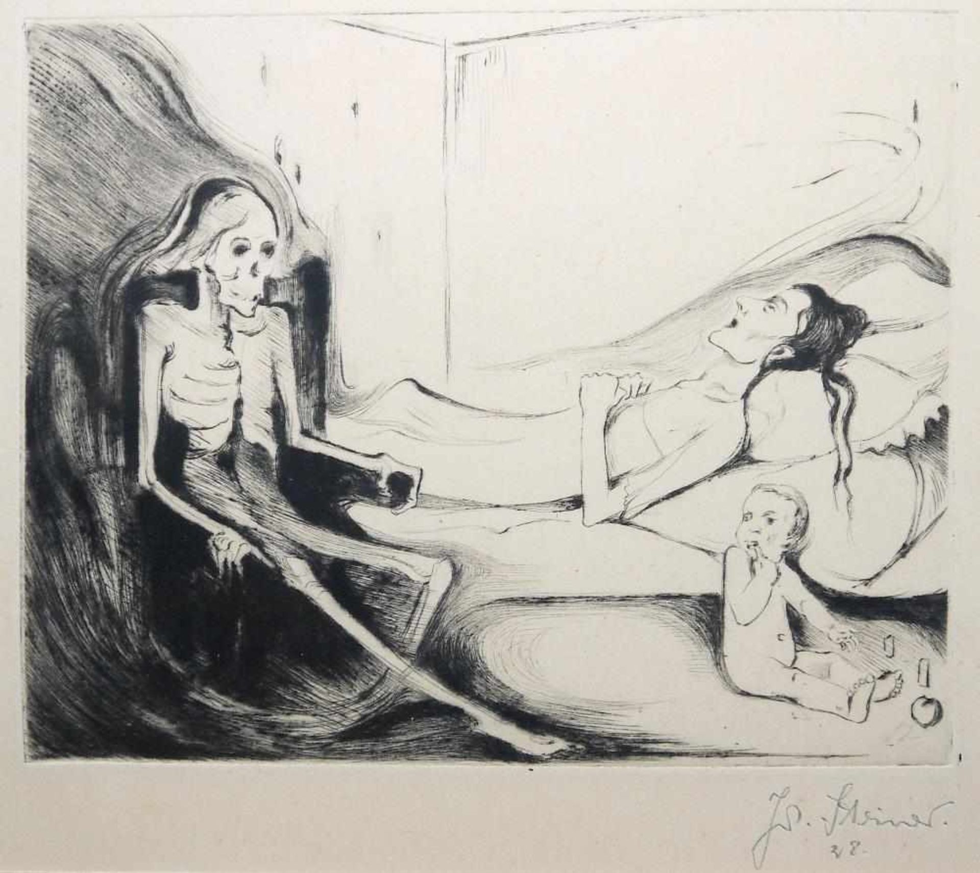 Josef Steiner, Der Tanz mit dem Tod u. Der wartende Tod, 2 Radierungen, 1928, gerahmt Josef Steiner, - Bild 5 aus 6