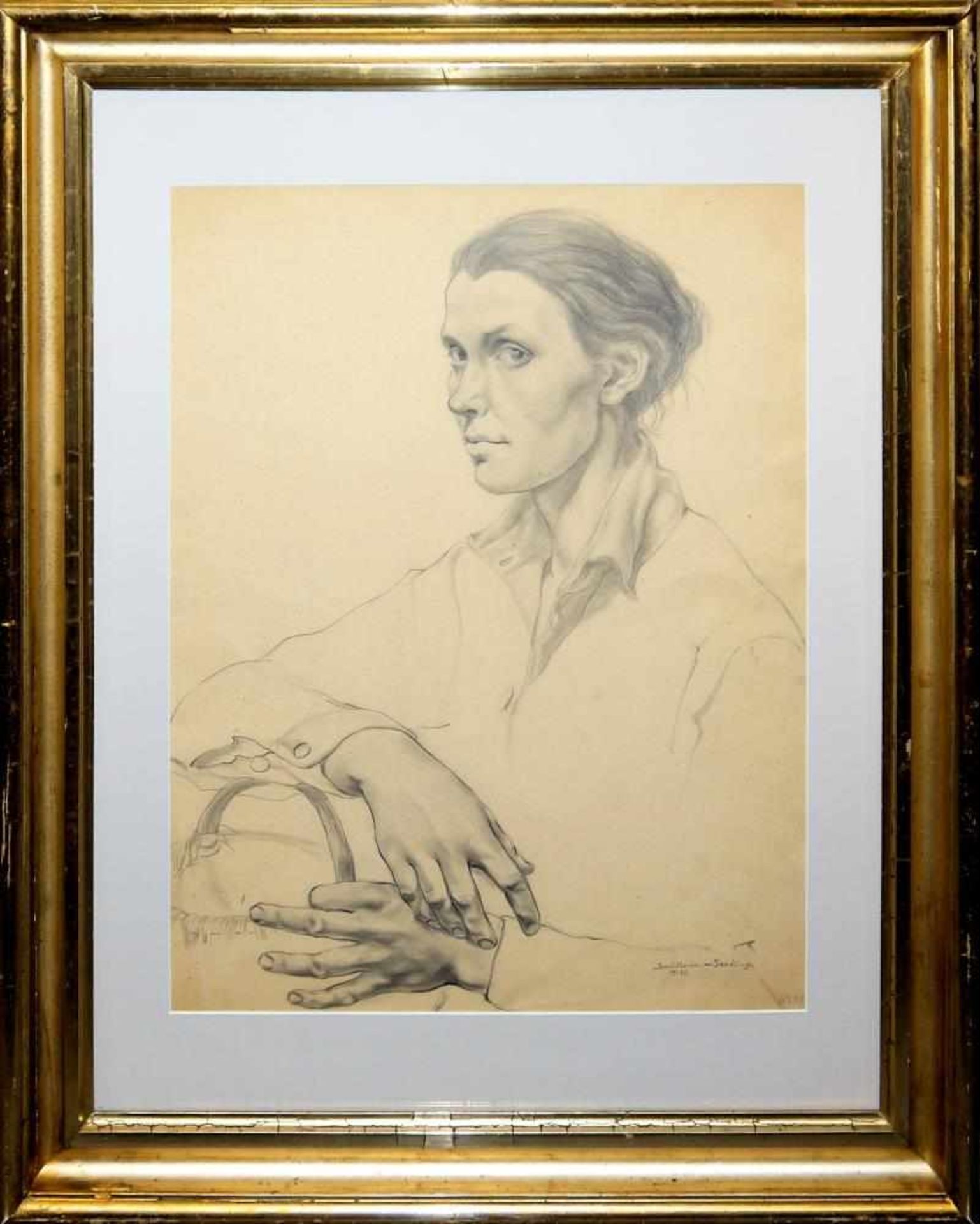 Josef Steiner, Frau mit Korb & Frauenportrait, zwei Kohlezeichnungen von 1926, im Goldrahmen Josef