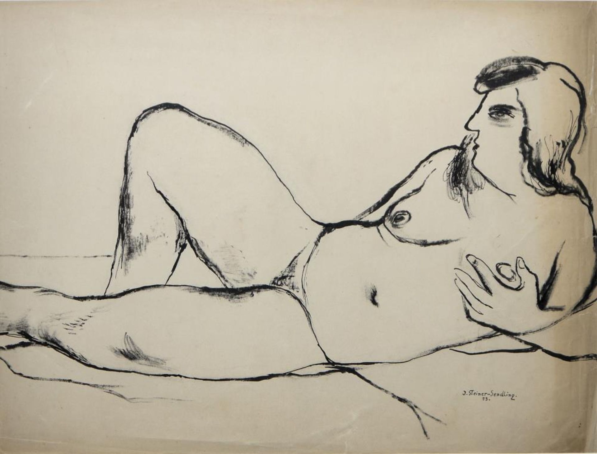 Josef Steiner, Liegender Akt, Tuschezeichnung, gerahmt, 1933 Josef Steiner, 1899 – 1977, Seitlich - Bild 2 aus 3