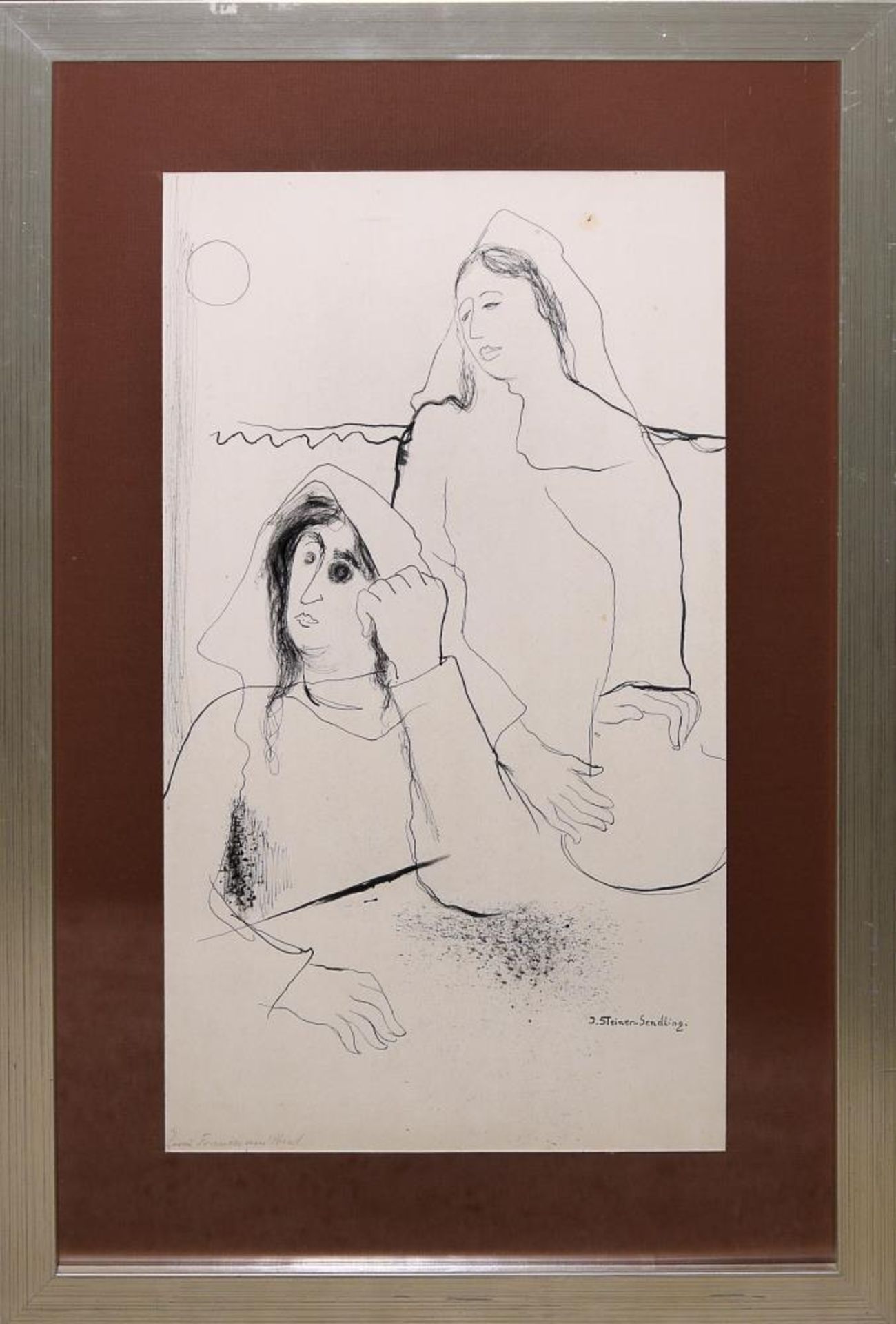 Josef Steiner, „Zwei Seherinnen“ u. „Verkündung“, Zeichnung u.Tuschezeichnung, um 1931, gerahmt
