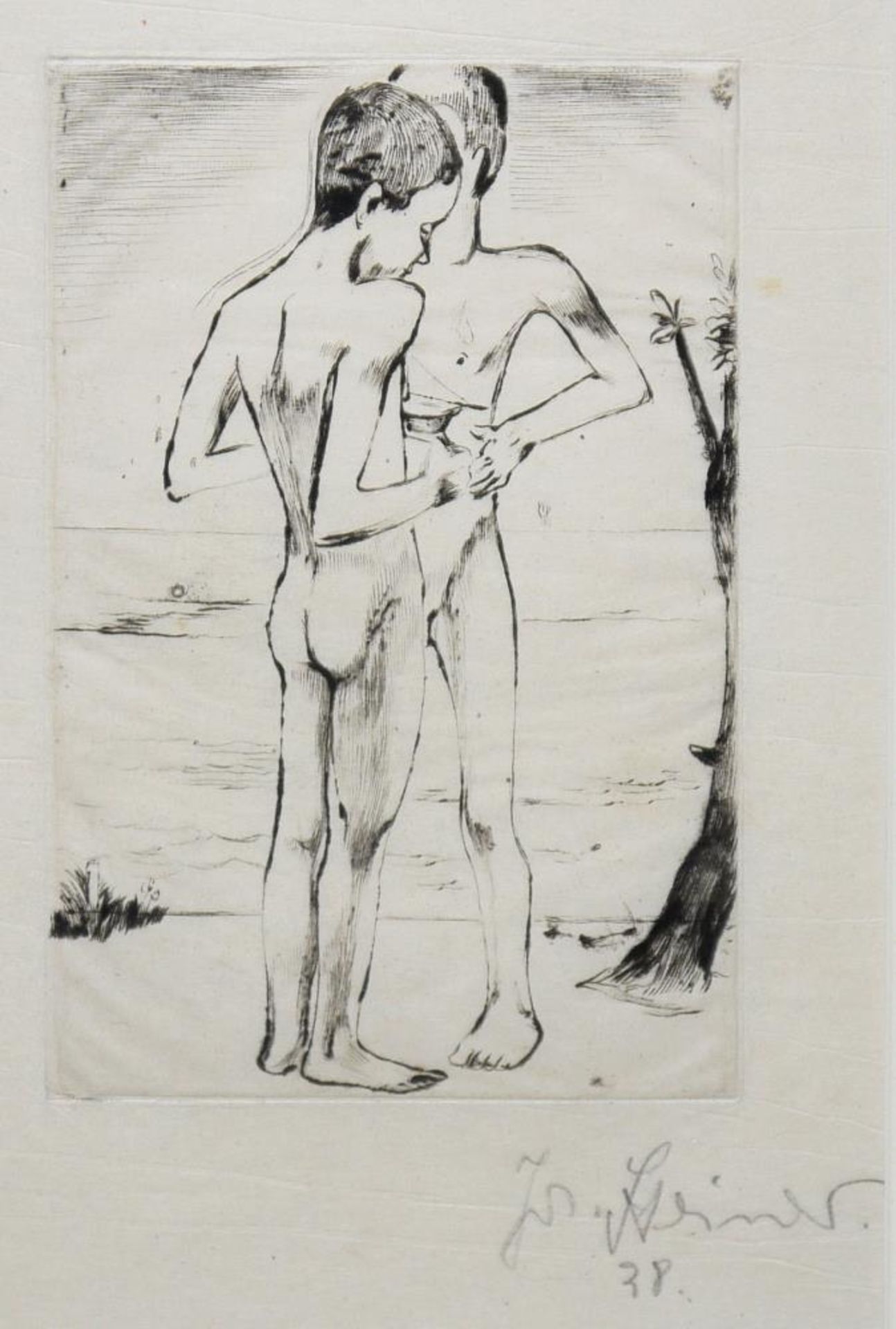 Josef Steiner, Zwei Knaben am See, Radierung von 1928, im Atelierrahmen Josef Steiner, 1899 – - Bild 2 aus 3