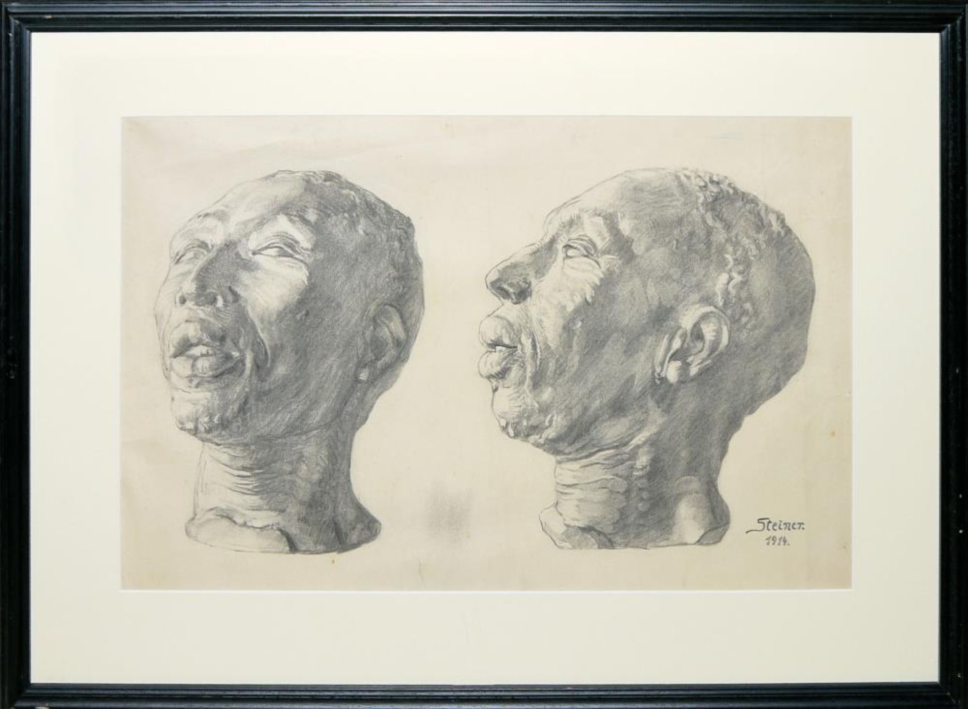 Josef Steiner, Zweifache Modellstudie eines negroiden Kopfes, Kohlezeichnung, 1914, im Holzrahmen