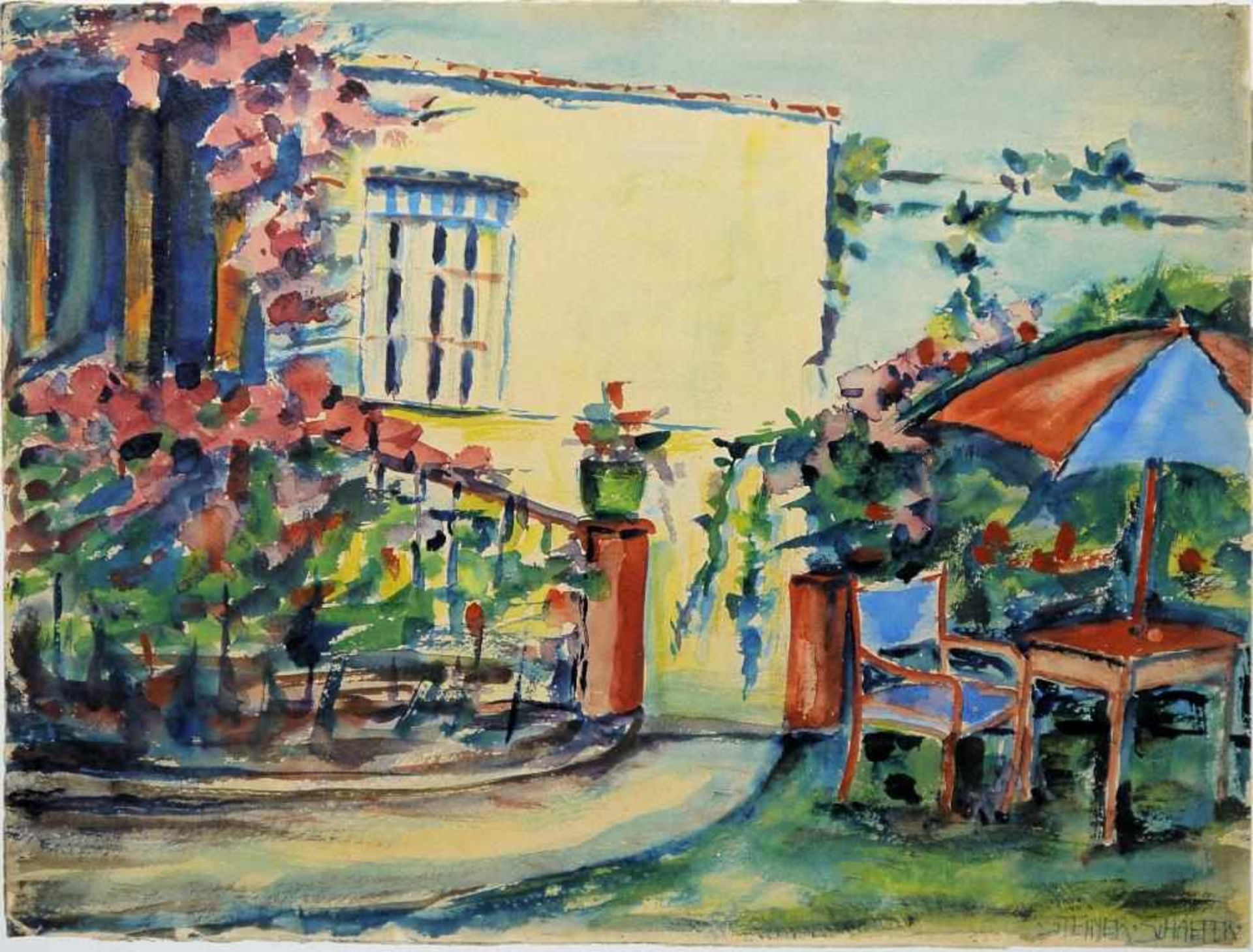 Gertrud Steiner-Schaefer, Haus mit Garten u. Haus mit Blumenschmuck, 2 Aquarelle, um 1950, gerahmt - Bild 2 aus 4