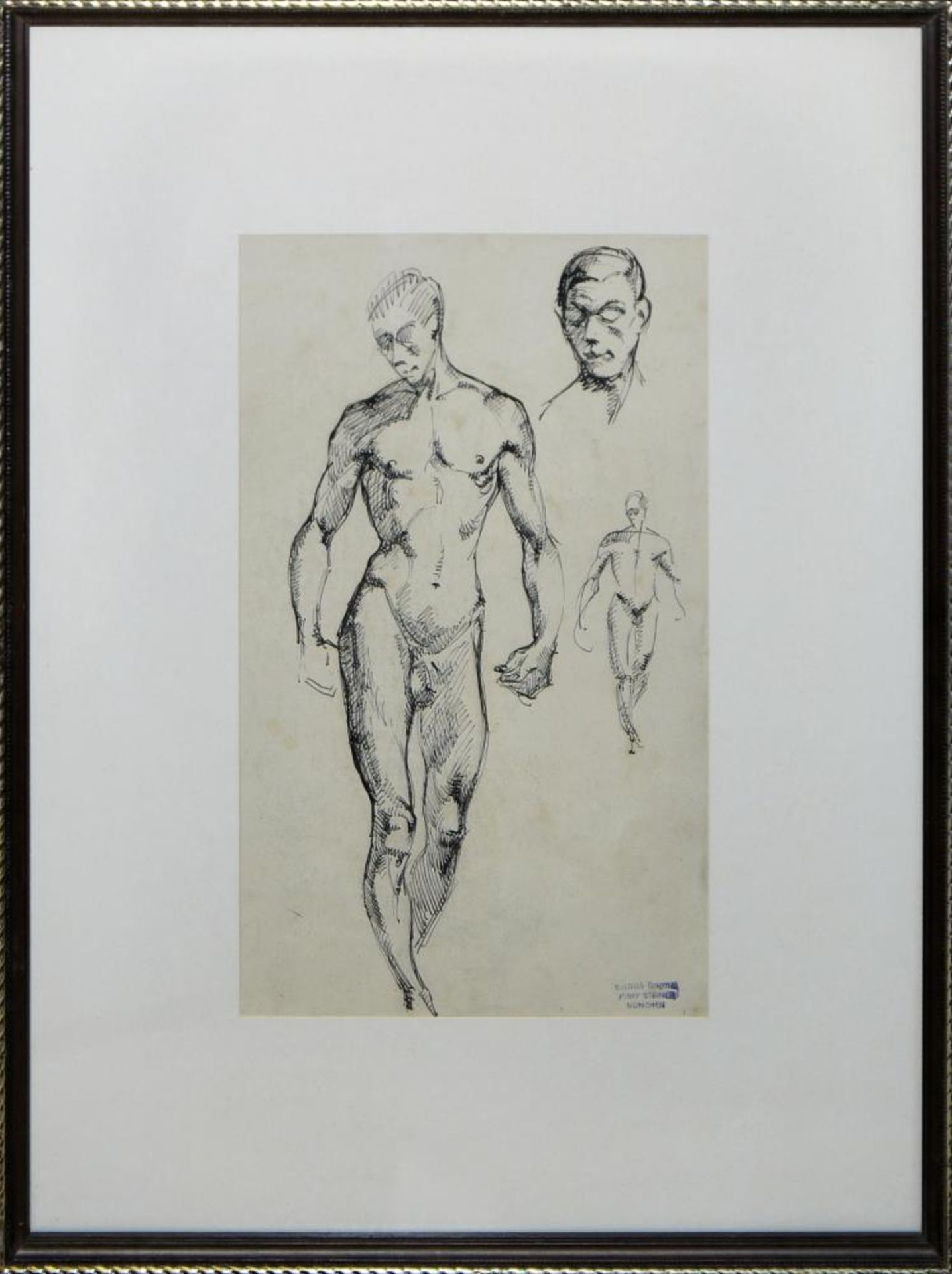 Josef Steiner, Künstler beim Zeichnen u. 2 Männeraktstudien, 3 Tuschezeichnungen, um 1918/19, - Image 3 of 7