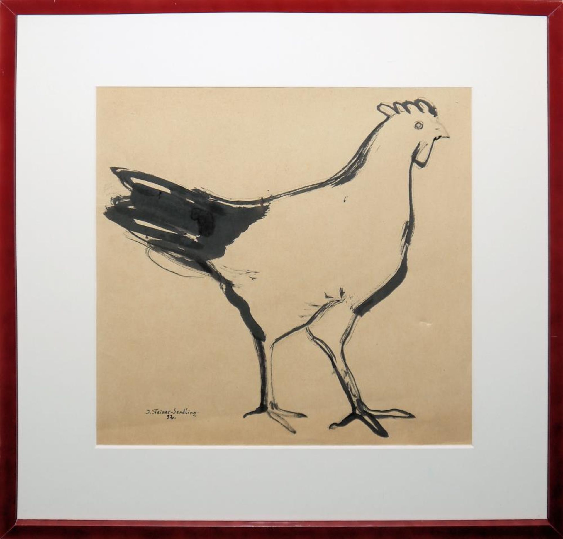 Josef Steiner, Huhn & Pickender Hahn, zwei Tuschezeichnungen, im Atelierrahmen, 1932 Josef