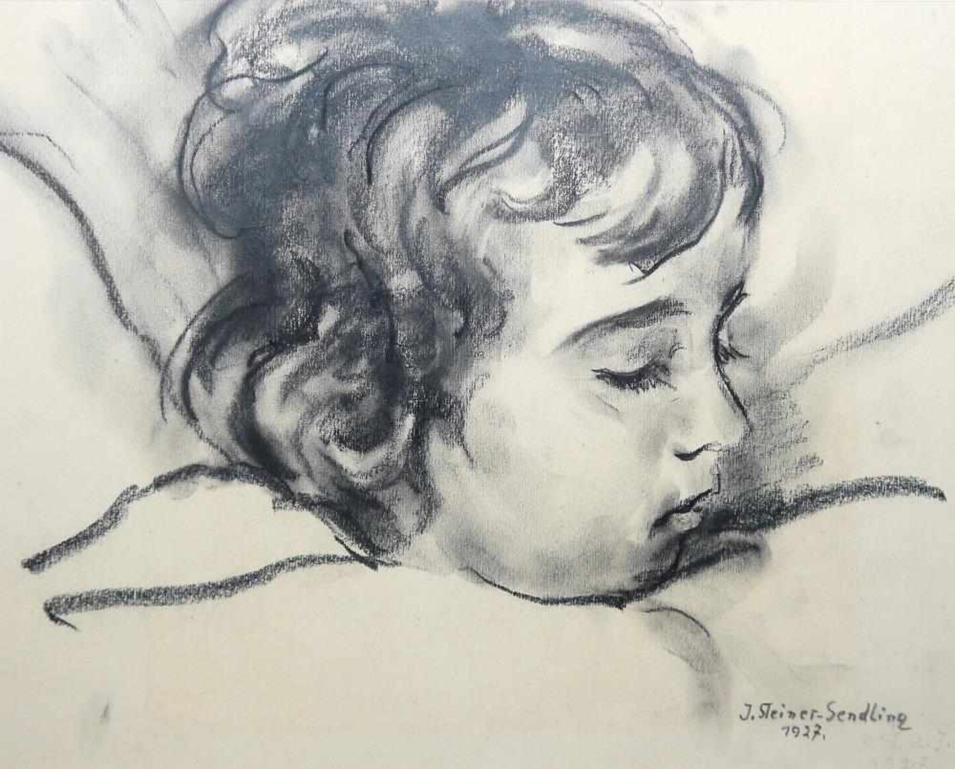 Josef Steiner, Zwei Portraits eines schlafenden Kindes, Kohlezeichnung von 1927, im - Image 5 of 7