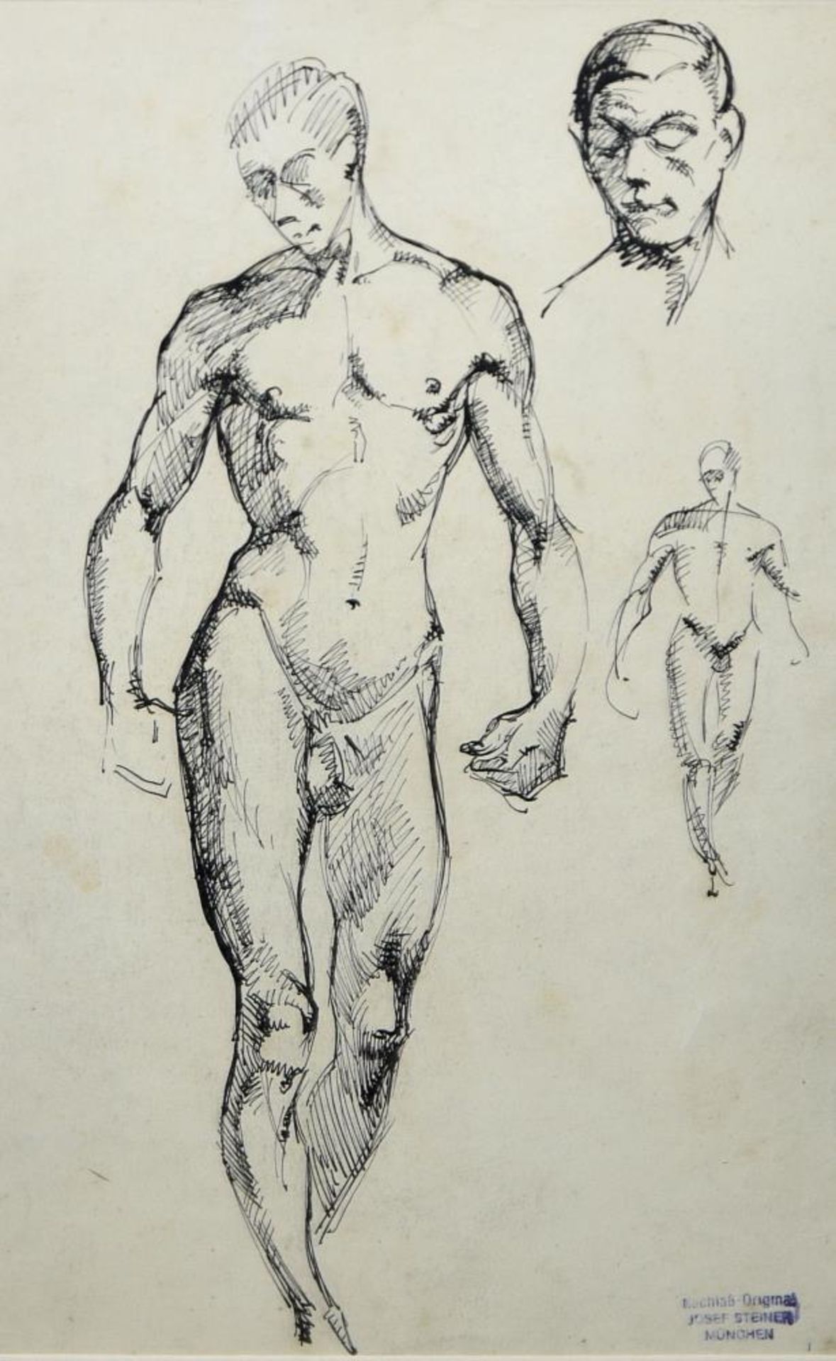Josef Steiner, Künstler beim Zeichnen u. 2 Männeraktstudien, 3 Tuschezeichnungen, um 1918/19, - Image 4 of 7