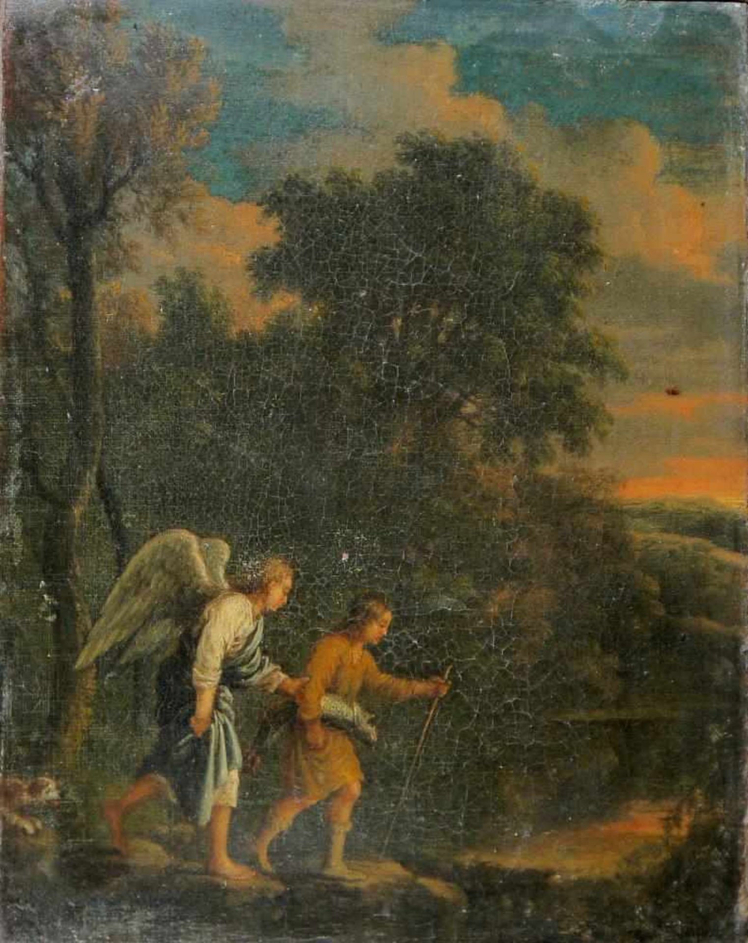 Adam Elsheimer, Variante nach, Tobias mit dem Engel, Ölgemälde um 1700, Goldstuckrahmen d. 19. Jh. - Bild 2 aus 4