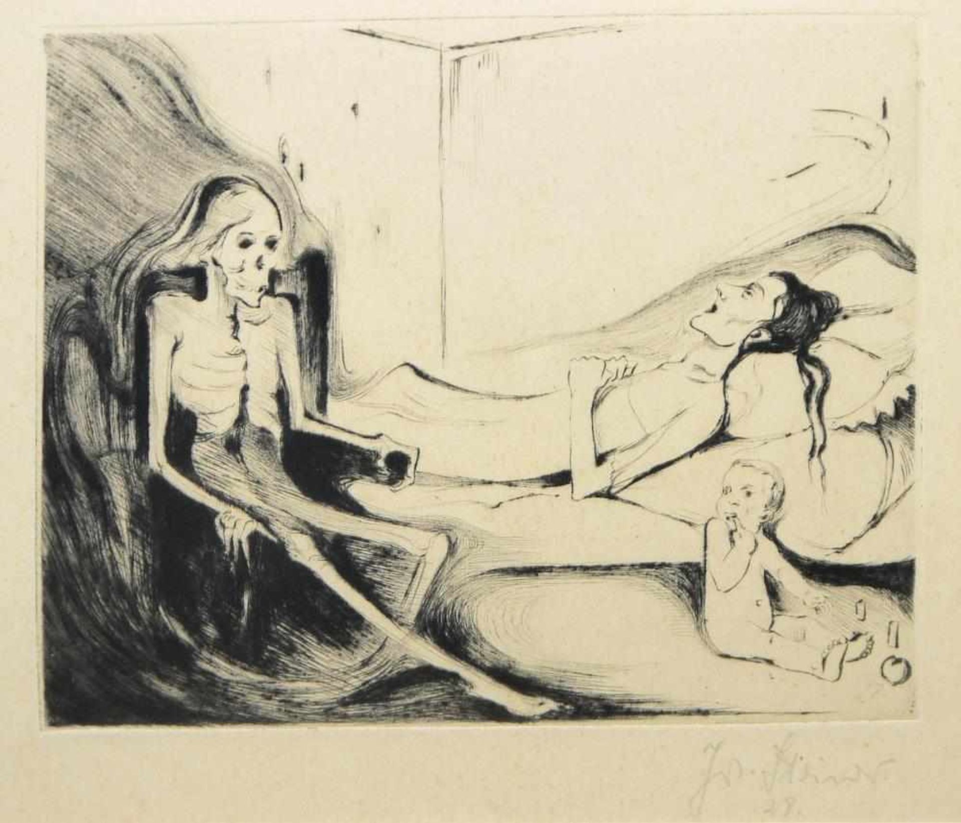 Josef Steiner, Der wartende Tod & Die Umarmung des Todes, 2 Radierungen, 1927, gerahmt Josef - Bild 2 aus 6