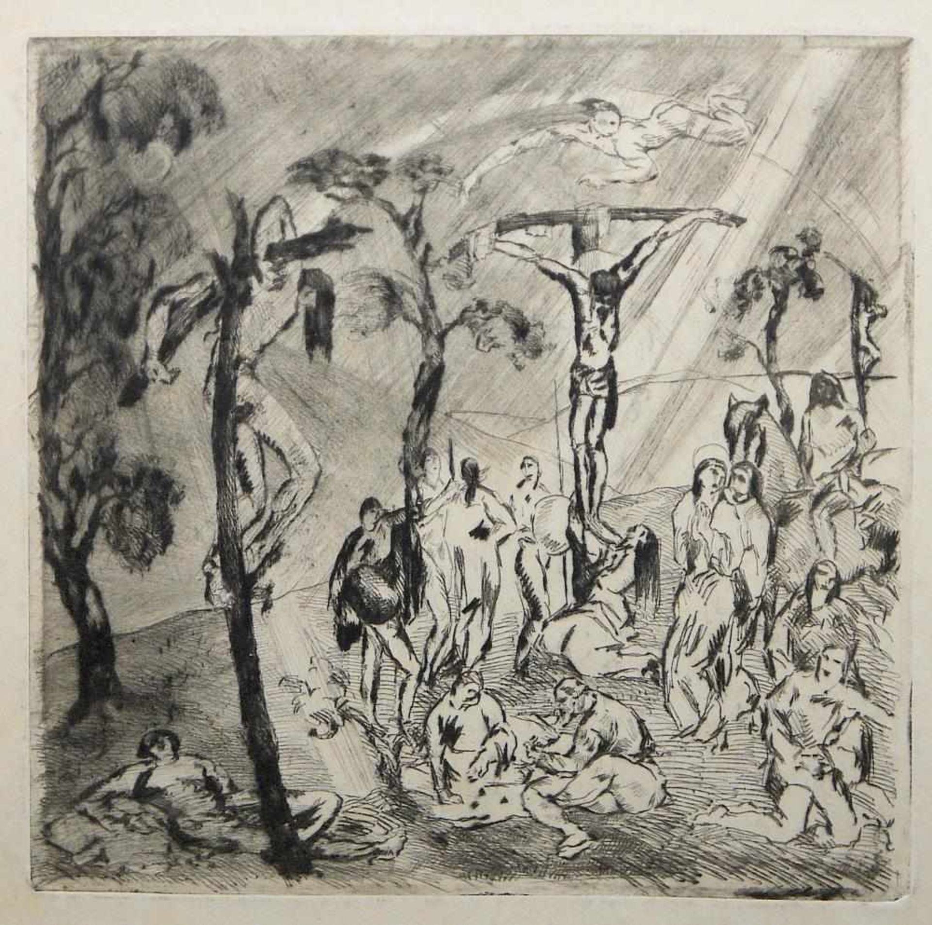 Josef Steiner, Kreuzigung, Unheilvolle Szenerie & Chor in einer Säulenhalle, 1 Tuschezeichnung u. - Bild 2 aus 4