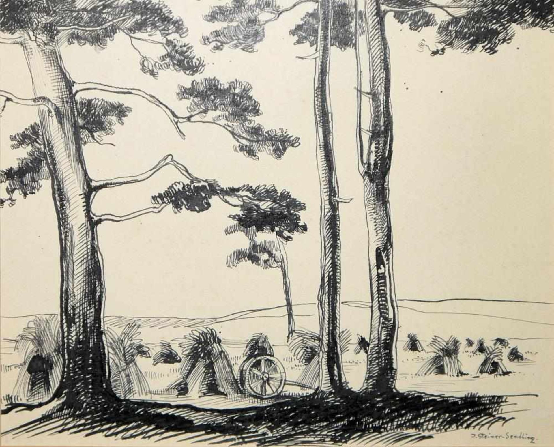 Josef Steiner, Zwei Landschaften mit Getreideschober u. Drei Baumstudien, 4 Radierungen u. - Bild 2 aus 8