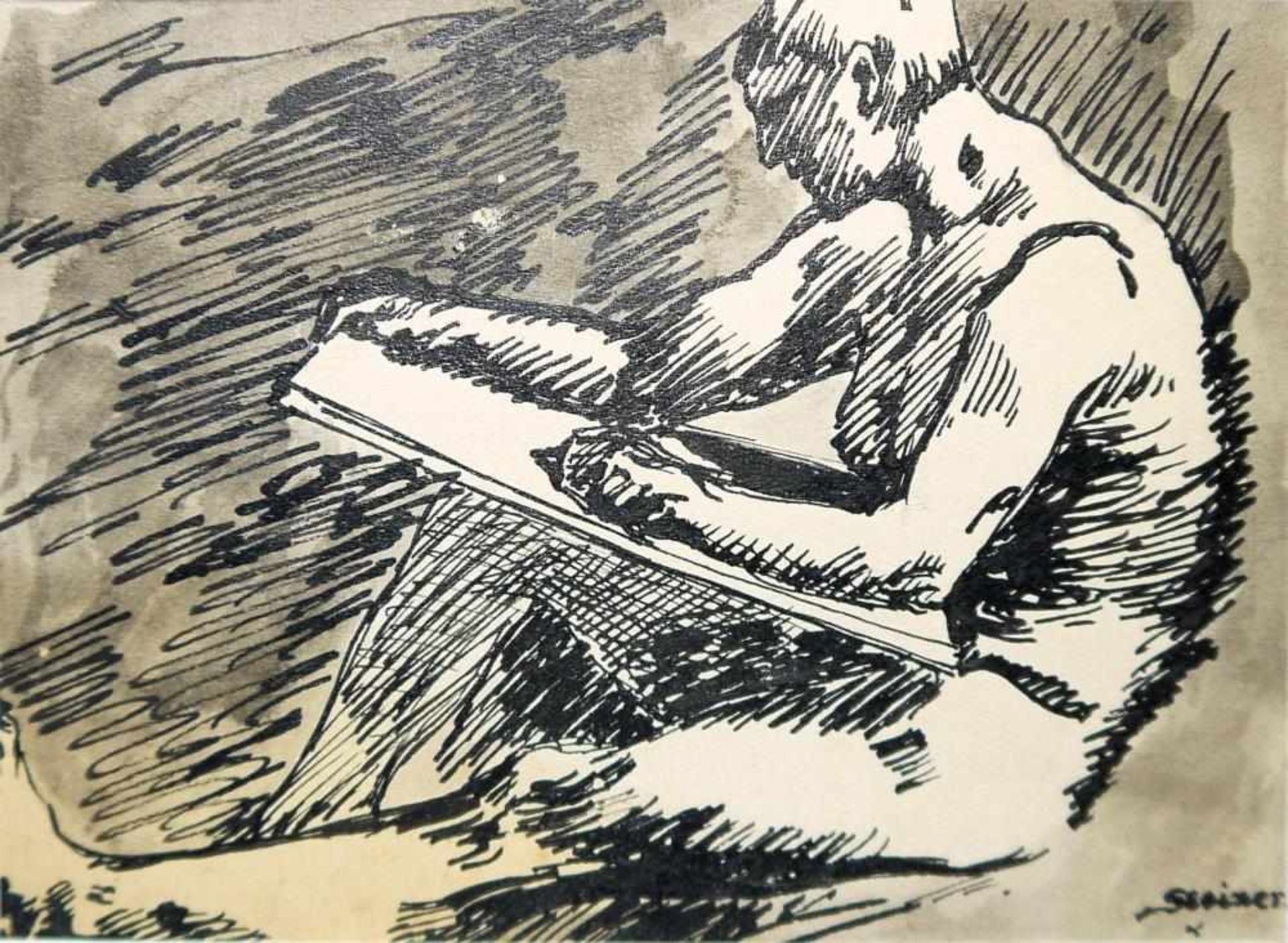 Josef Steiner, Künstler beim Zeichnen u. 2 Männeraktstudien, 3 Tuschezeichnungen, um 1918/19, - Image 2 of 7