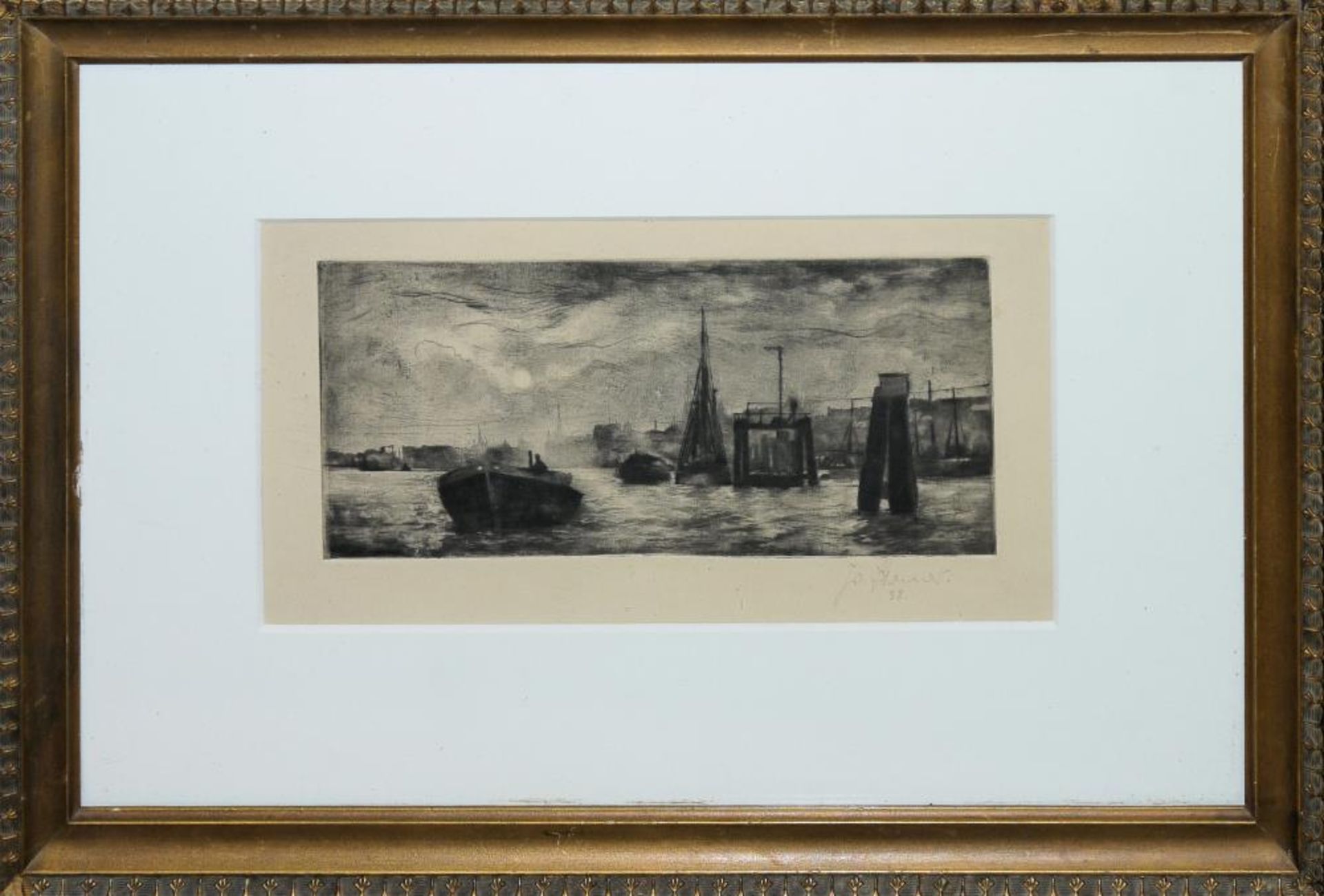 Josef Steiner, Boote im Hafen bei Mondschein u. Schiff in der Brandung, 2 Aquatinta-Radierungen - Bild 4 aus 6