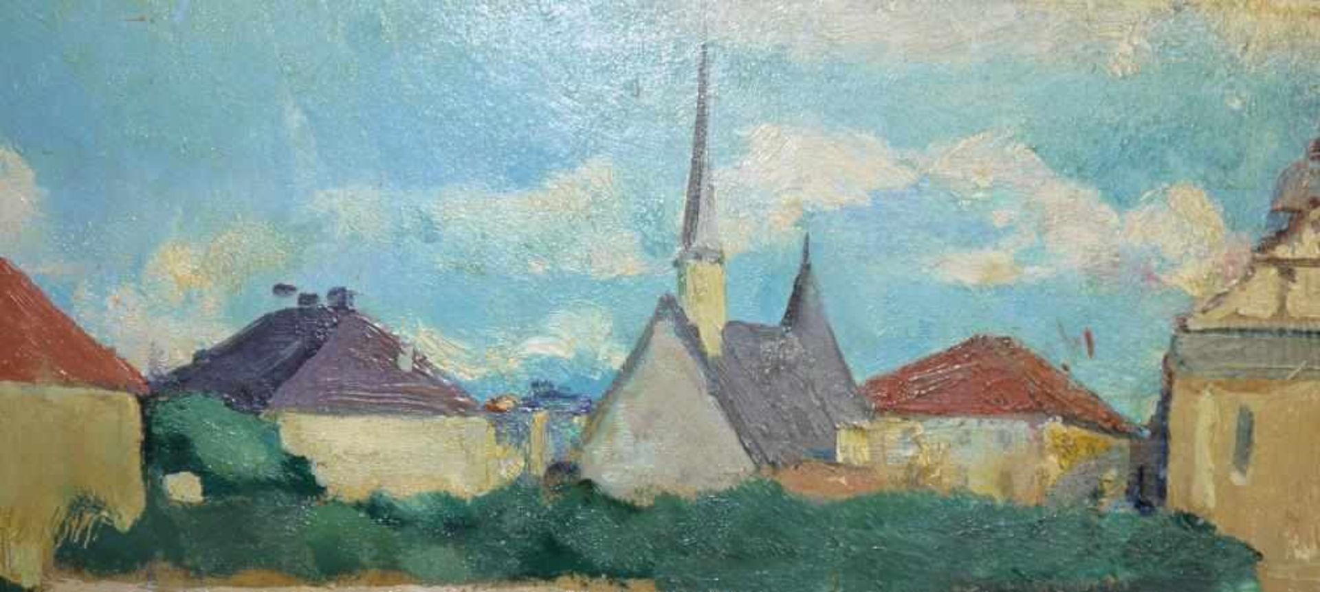 Josef Steiner, Bayrische Dorflandschaft mit Kirche, Ölgemälde um 1940/50, in weißen Holzrahmen Josef - Image 2 of 2