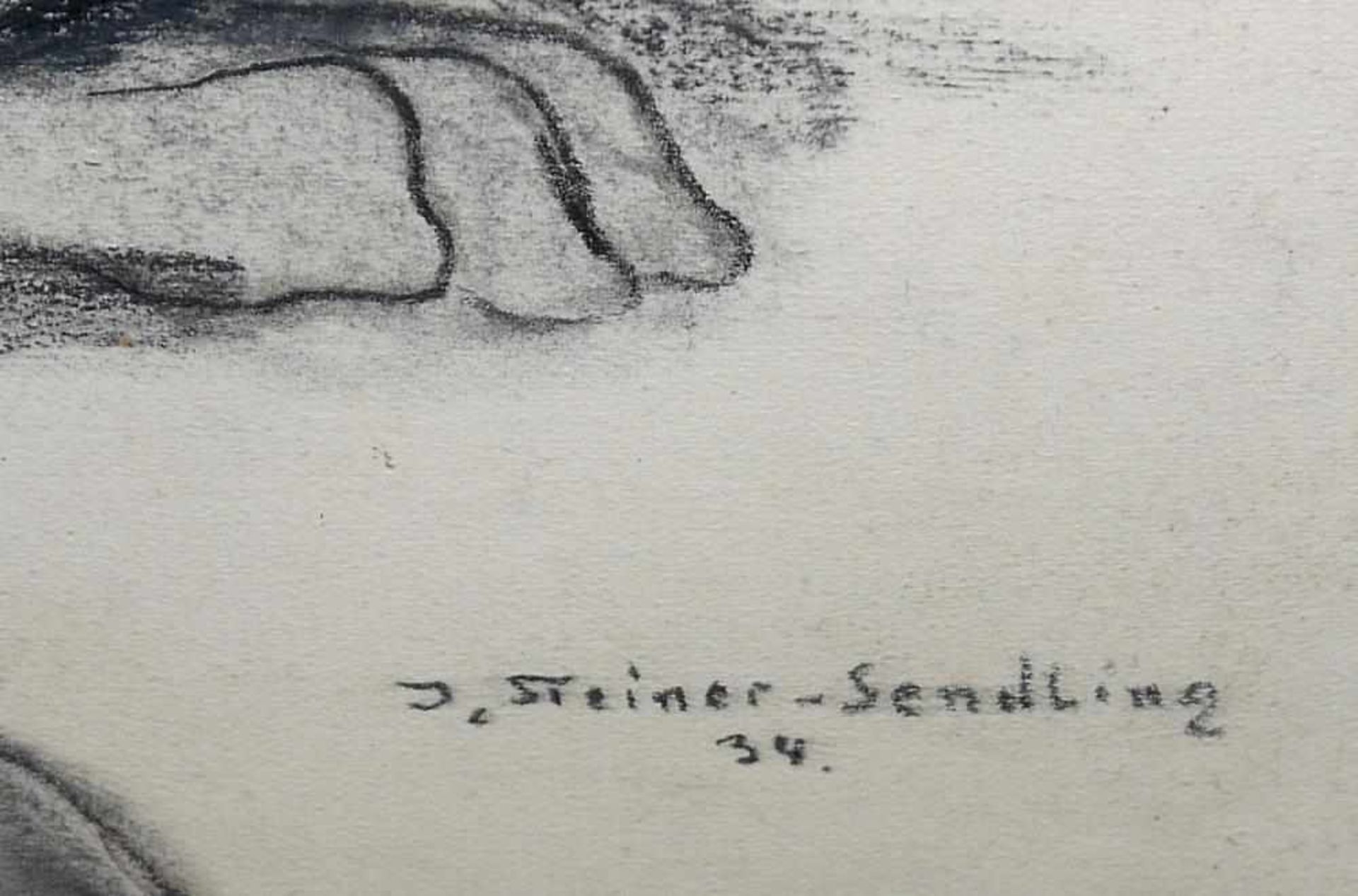 Josef Steiner, Fressende Katze, Kohlezeichnung von 1934, im Atelierrahmen Josef Steiner, 1899 - - Bild 3 aus 3