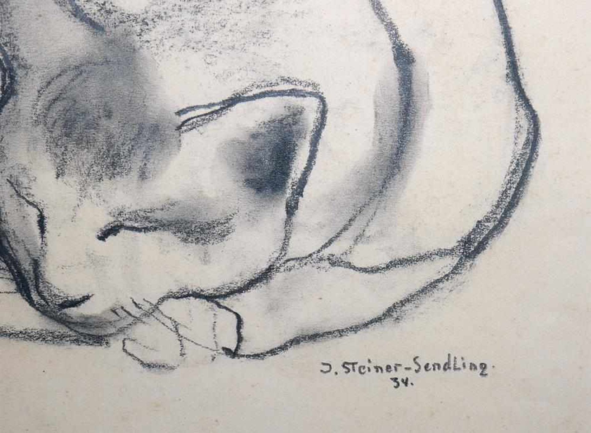 Josef Steiner, Schlafende Katze, Kohlezeichnung von 1934, im Goldstuckrahmen Josef Steiner, 1899 - - Image 3 of 3