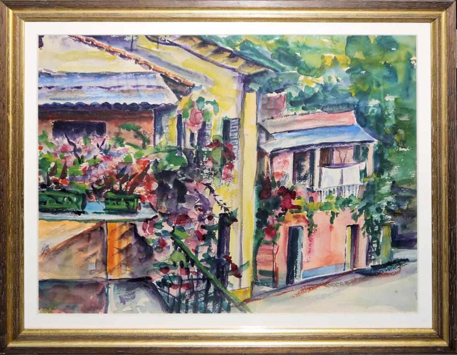 Gertrud Steiner-Schaefer, Haus mit Garten u. Haus mit Blumenschmuck, 2 Aquarelle, um 1950, gerahmt - Bild 4 aus 4