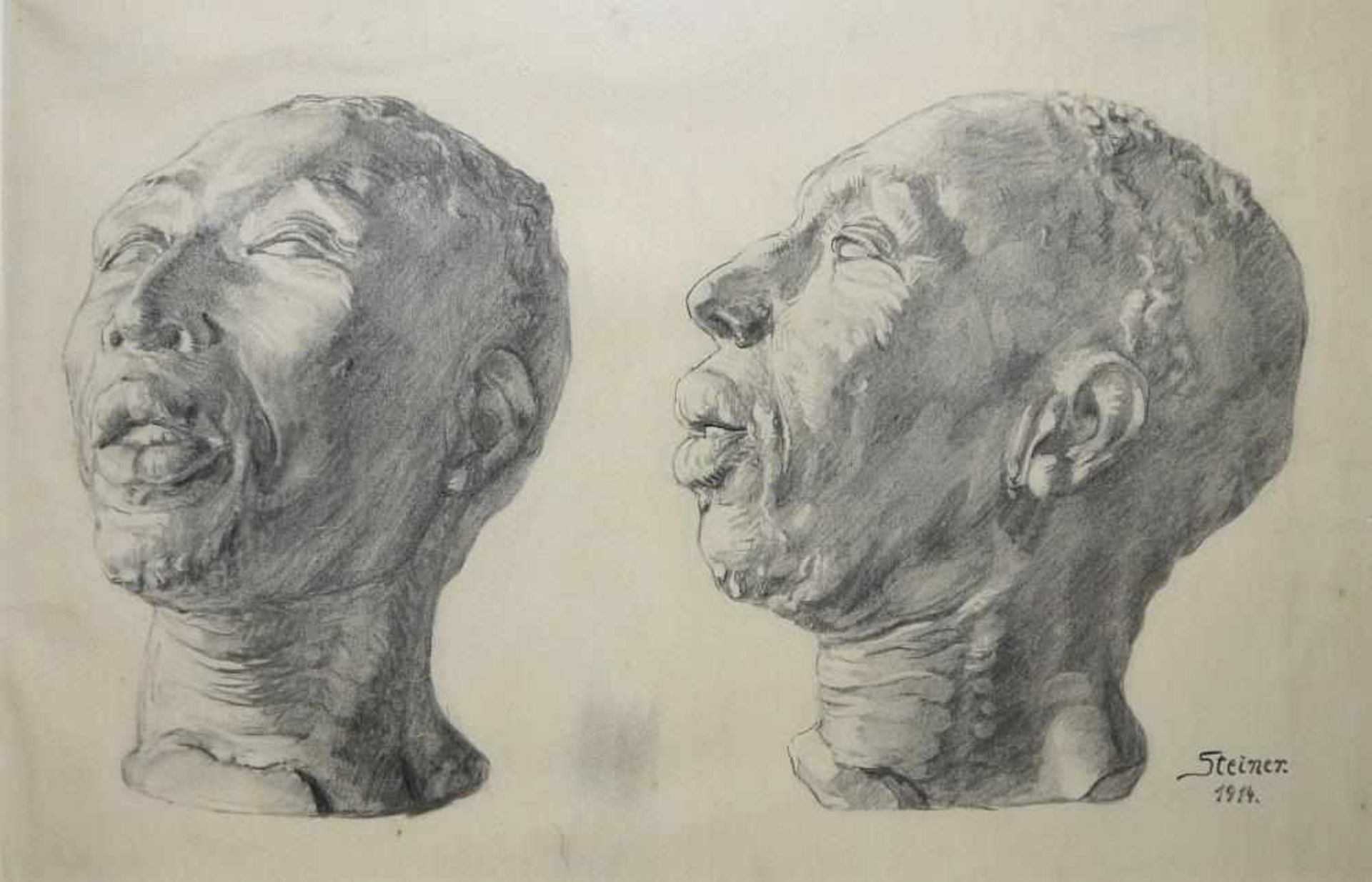 Josef Steiner, Zweifache Modellstudie eines negroiden Kopfes, Kohlezeichnung, 1914, im Holzrahmen - Image 2 of 3