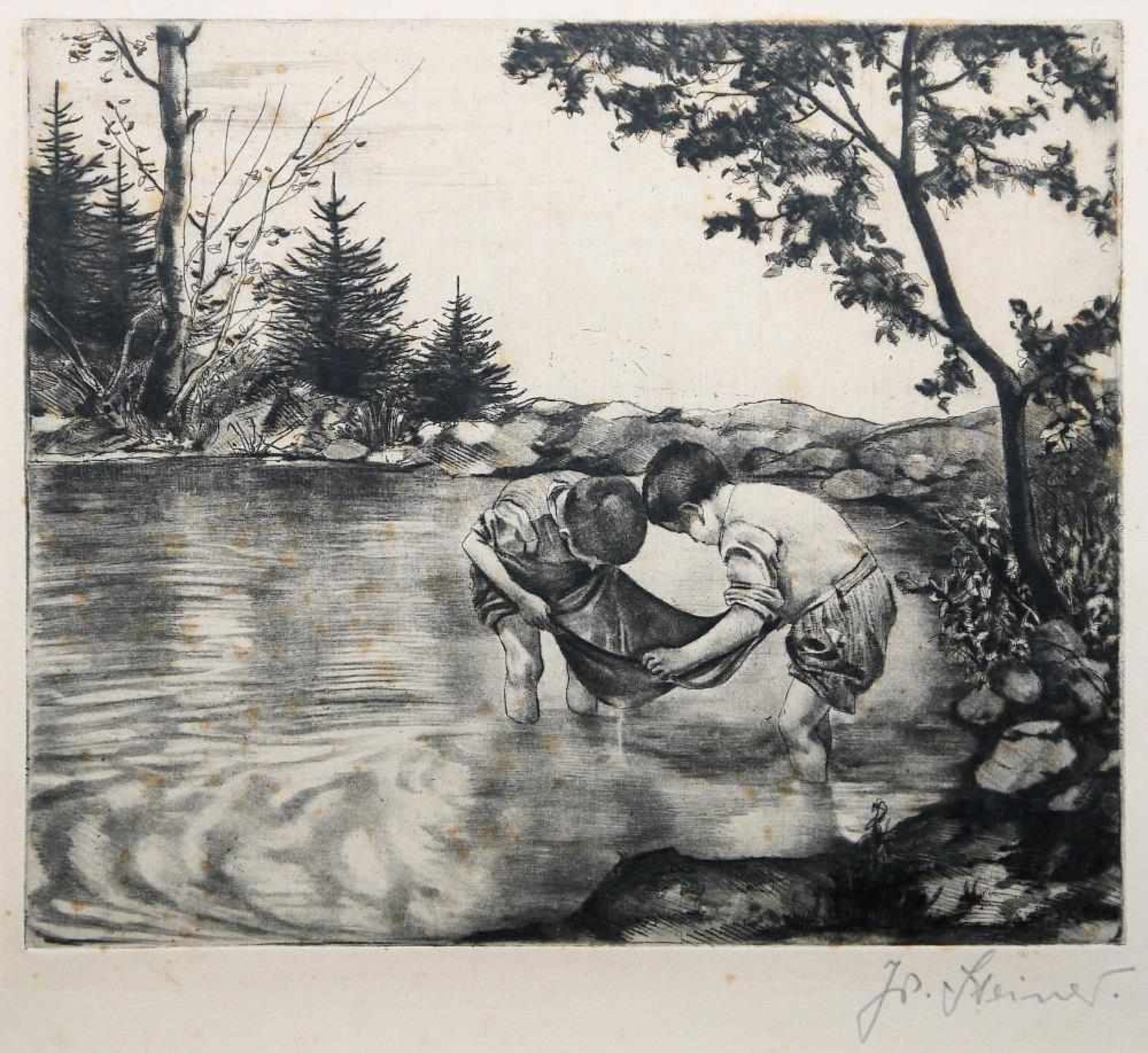 Josef Steiner, Zwei Naturstudien & Kinder am Bach, 3 Radierungen um 1935, gerahmt Josef Steiner, - Bild 2 aus 6
