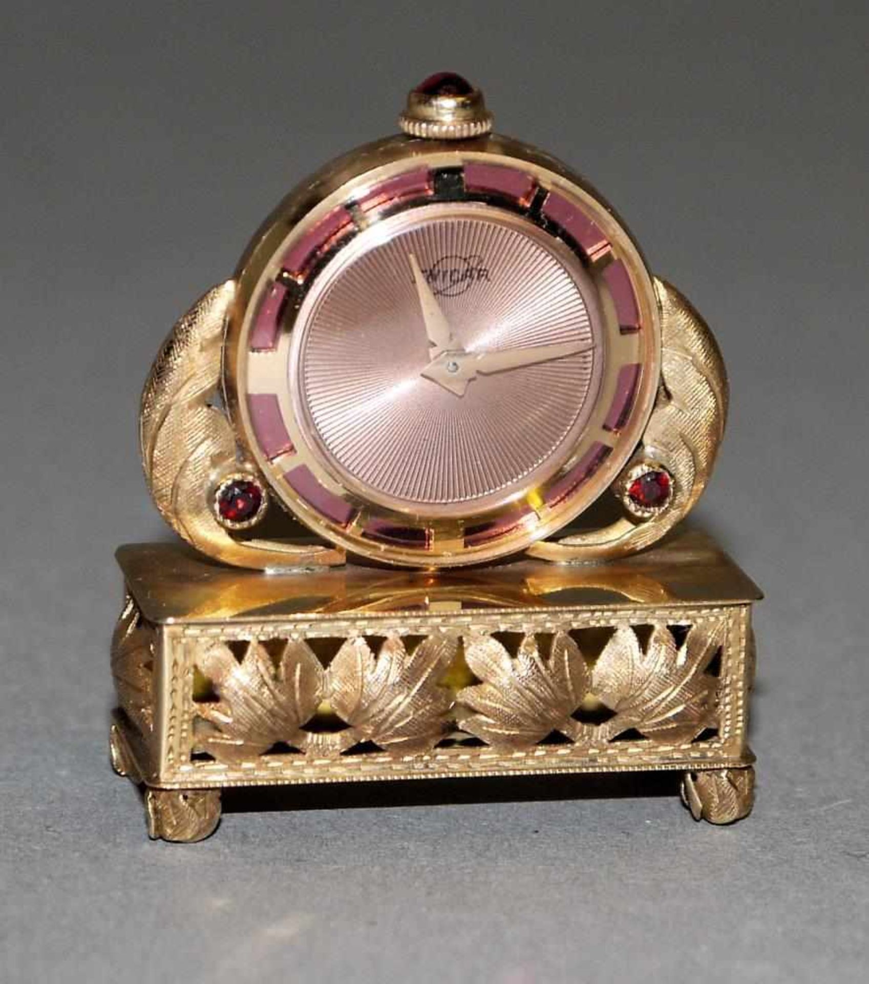 Goldene Miniatur-Tischuhr von Enicar, Schweiz Mitte 20. Jh. Luxusührchen des Schweizer