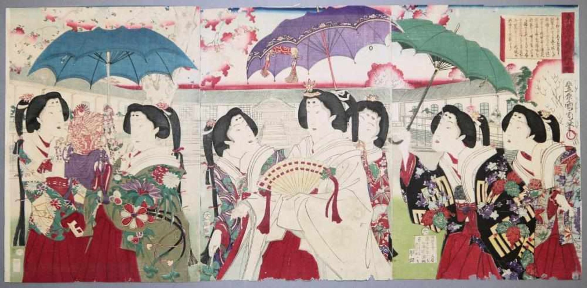 Zwei japanische Farbholzschnitte von Kunichika und Kunisada II, Triptychen mit Spaziergang der - Image 2 of 3