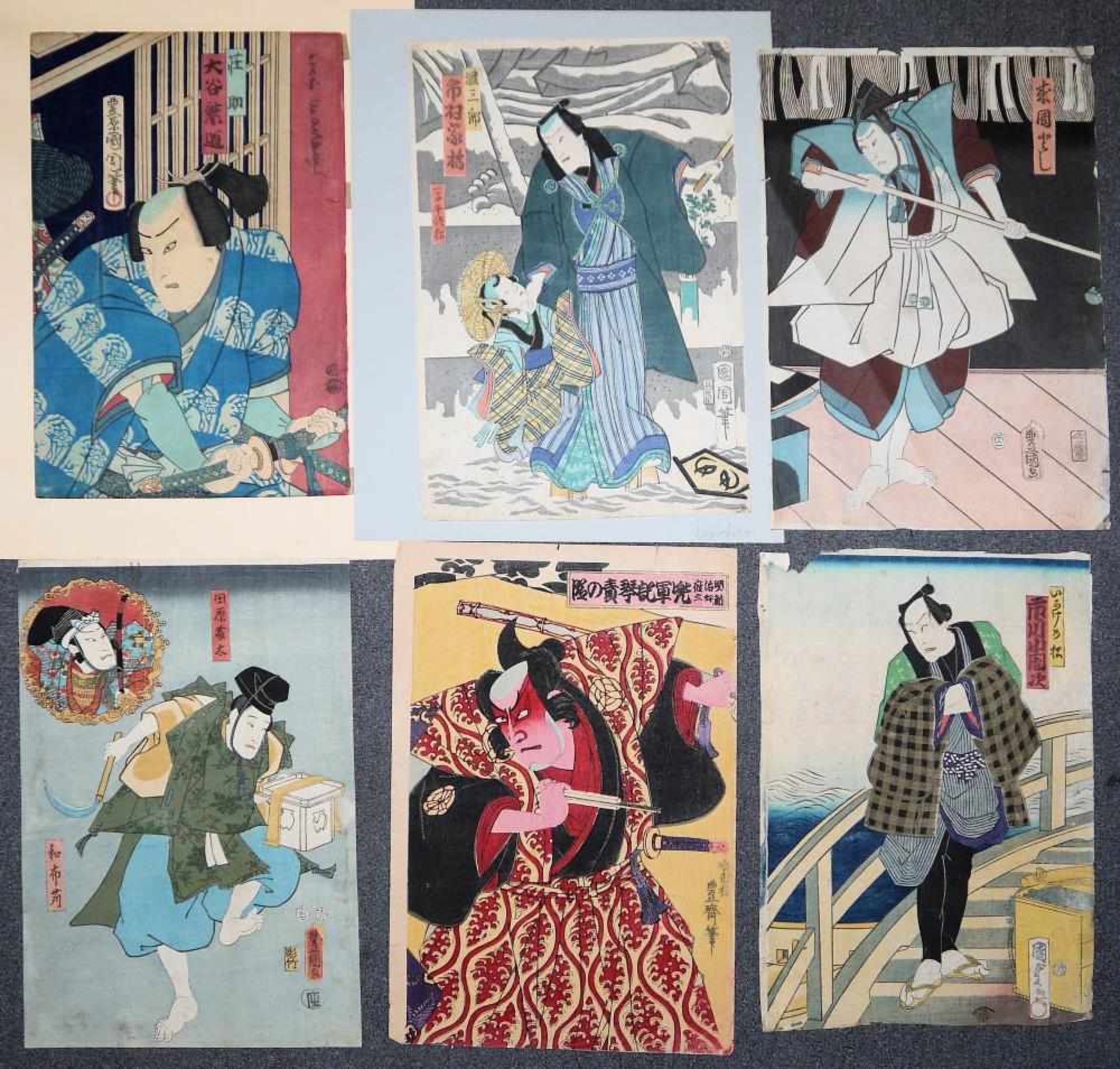 Sechs japanische Farbholzschnitte von Kunichika, Kunisada, und Toyokuni III., Schauspieler und und