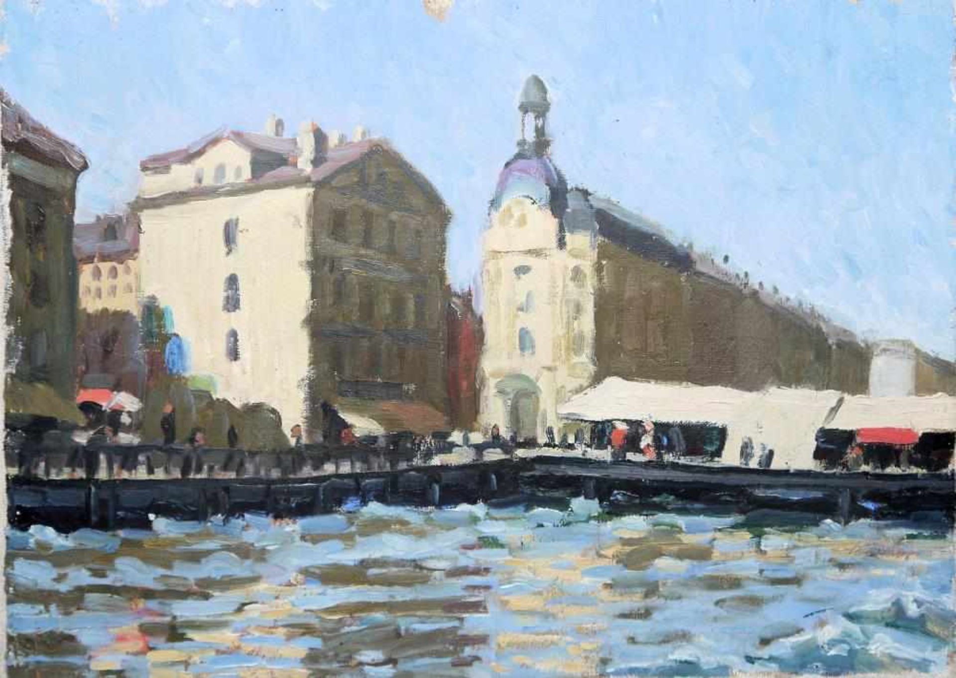 Anonymer Impressionist um 1910/20, Genfersee, Ölgemälde Blick auf Uferstrasse mit Marktständen vom