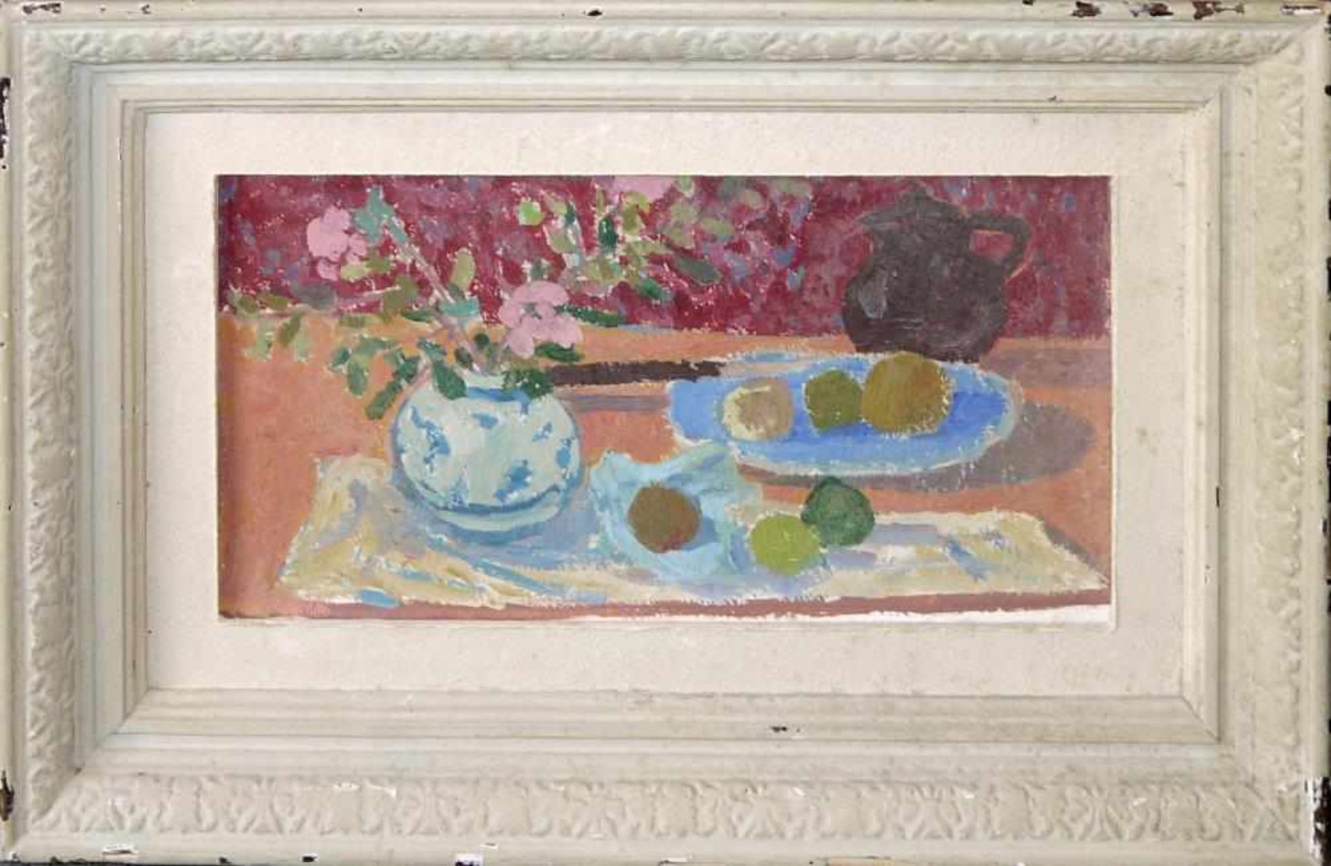 Anonym, Impressionistisches Stillleben mit Blumen und Obst, Ölgemälde, in franz. Rahmen Anonymer